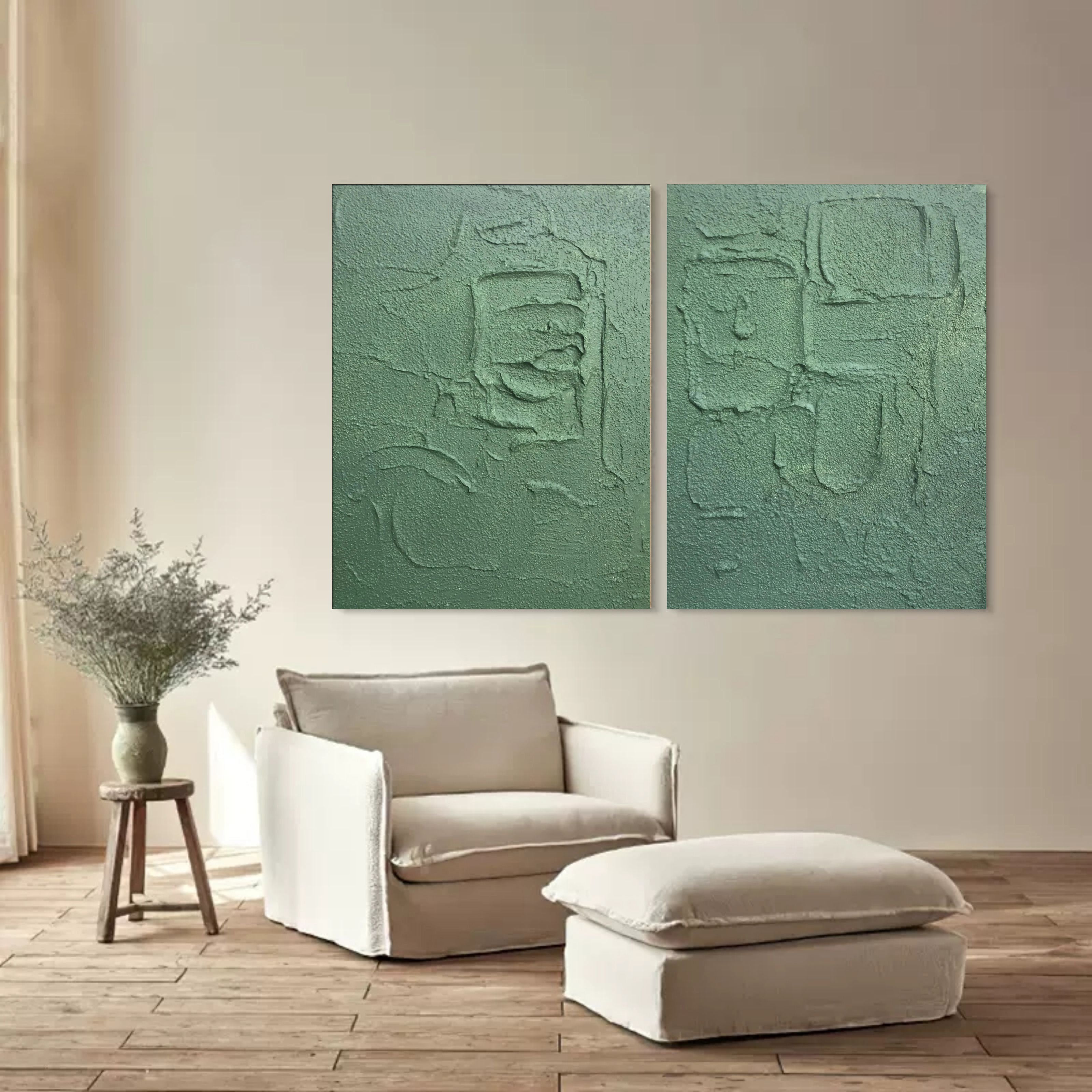 Wall Art Vertical Abstract Geometric Relief Sage Green