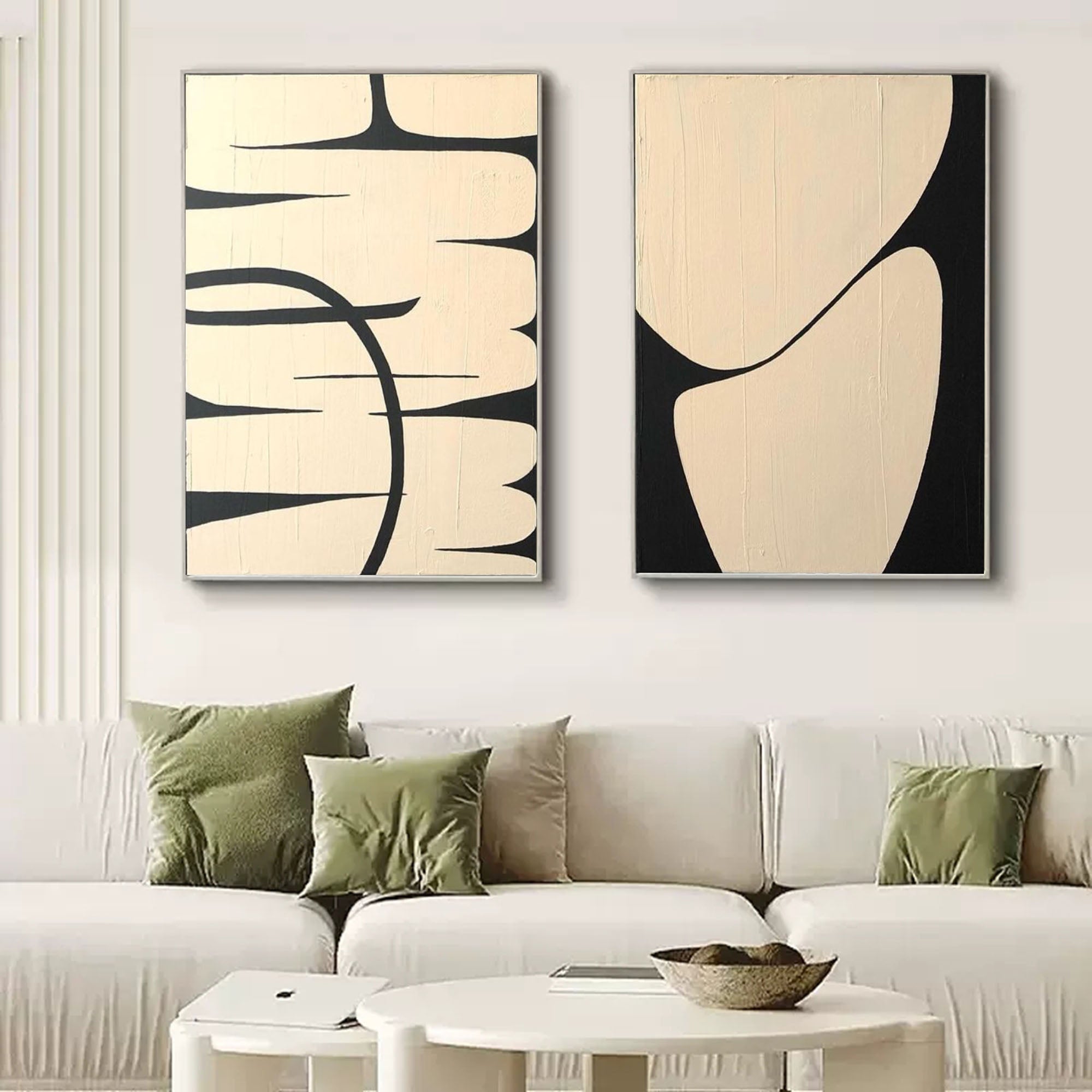 Wall Art Beige Black Curved Line Abstract Diptych