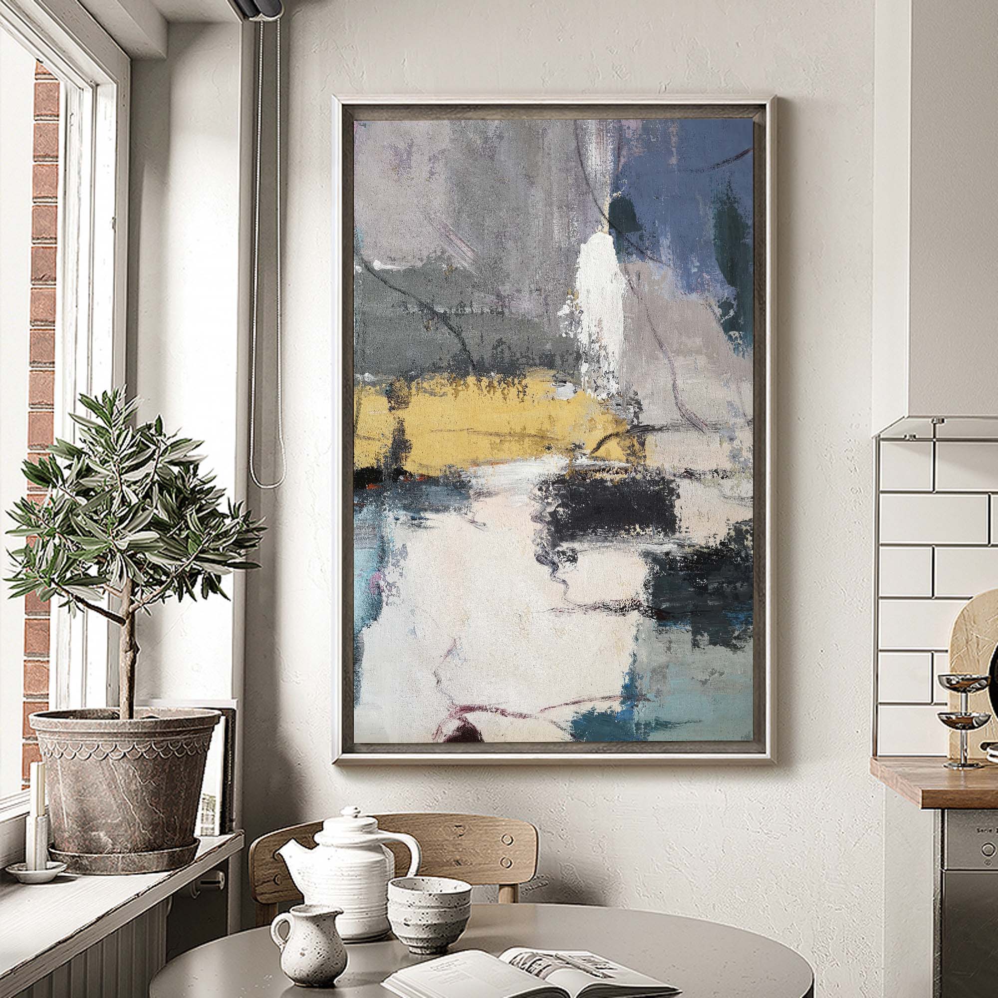 Grey‑Gold Cream‑Tone Vertical Block‑Layer Impasto Textured Artwork