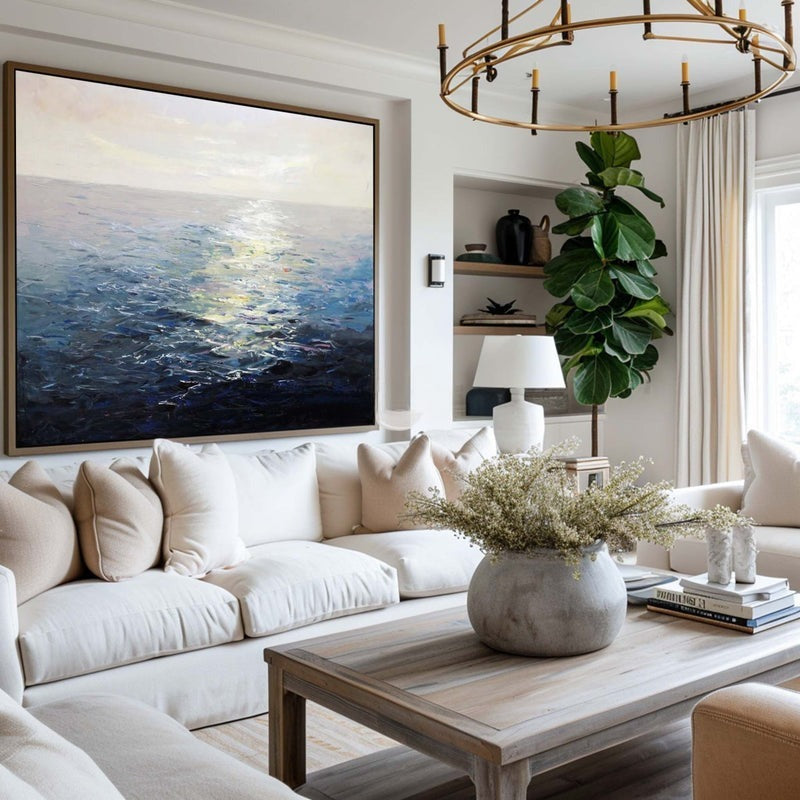 Wall Art Blue Ocean Sunset Seascape Modern Textured Canvas Bedroom | Neutralighting