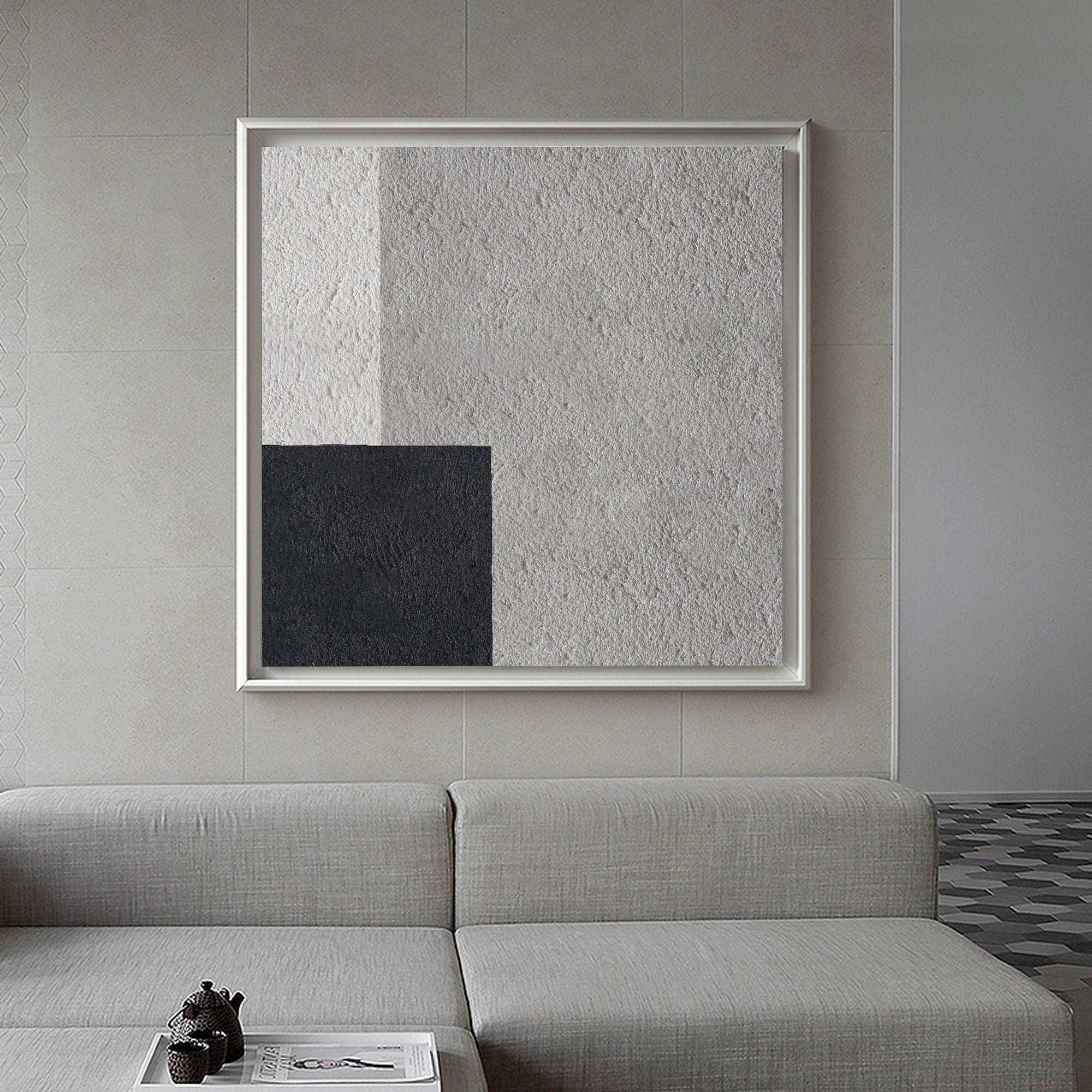 Grey‑Black‑Beige Square Geometric Offset‑Block Coarse‑Textured Artwork