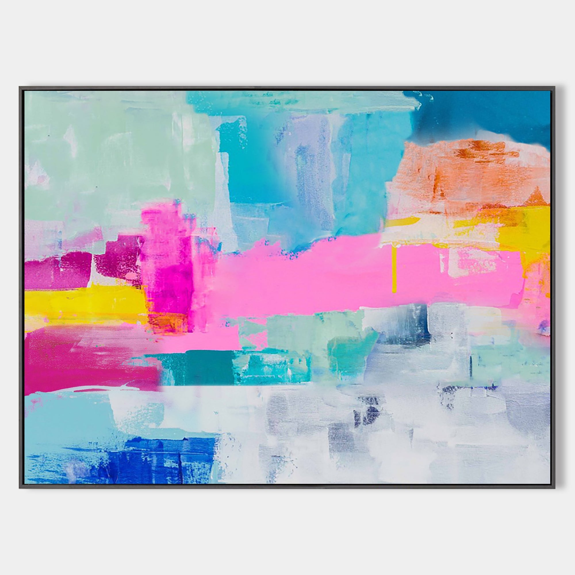 Pink‑Teal‑Yellow‑Blue Horizontal Bold Geometric Abstract Textured Artwork