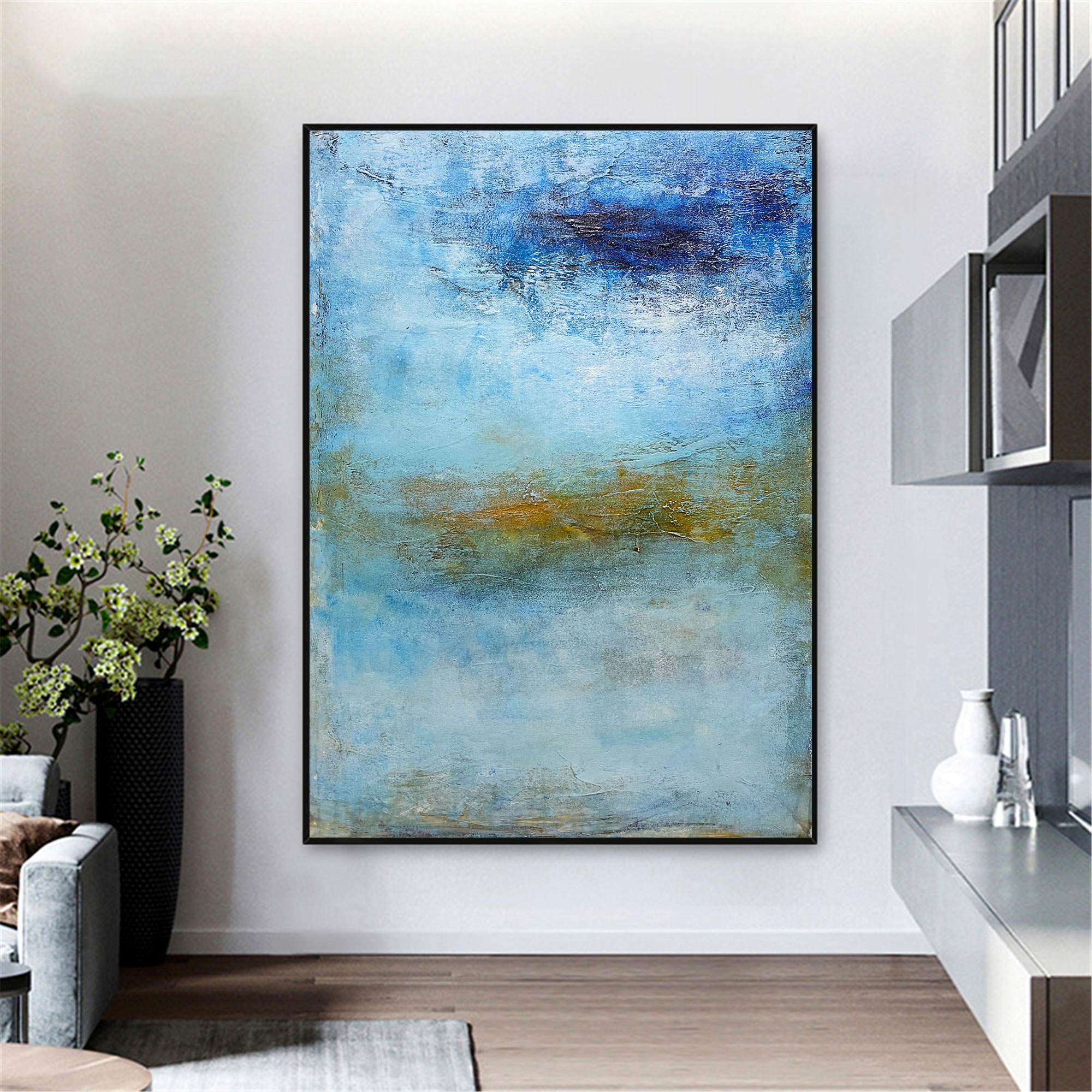 Seascape Blue Gold White Coastal Abstract Oil Painting on Linen Canvas