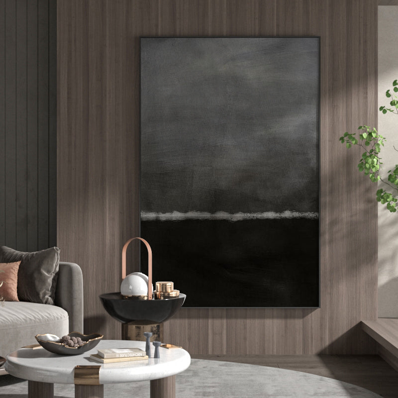 Abstract Black Gray Nocturnal Moonlit Horizon Oil Acrylic Linen Canvas Painting