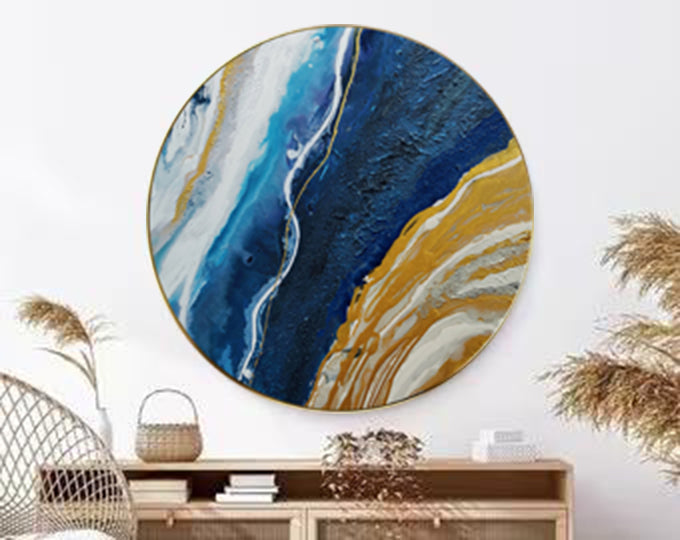 Wall Art Blue Gold Round Abstract Marble Modern Texture Living Room | Neutralighting
