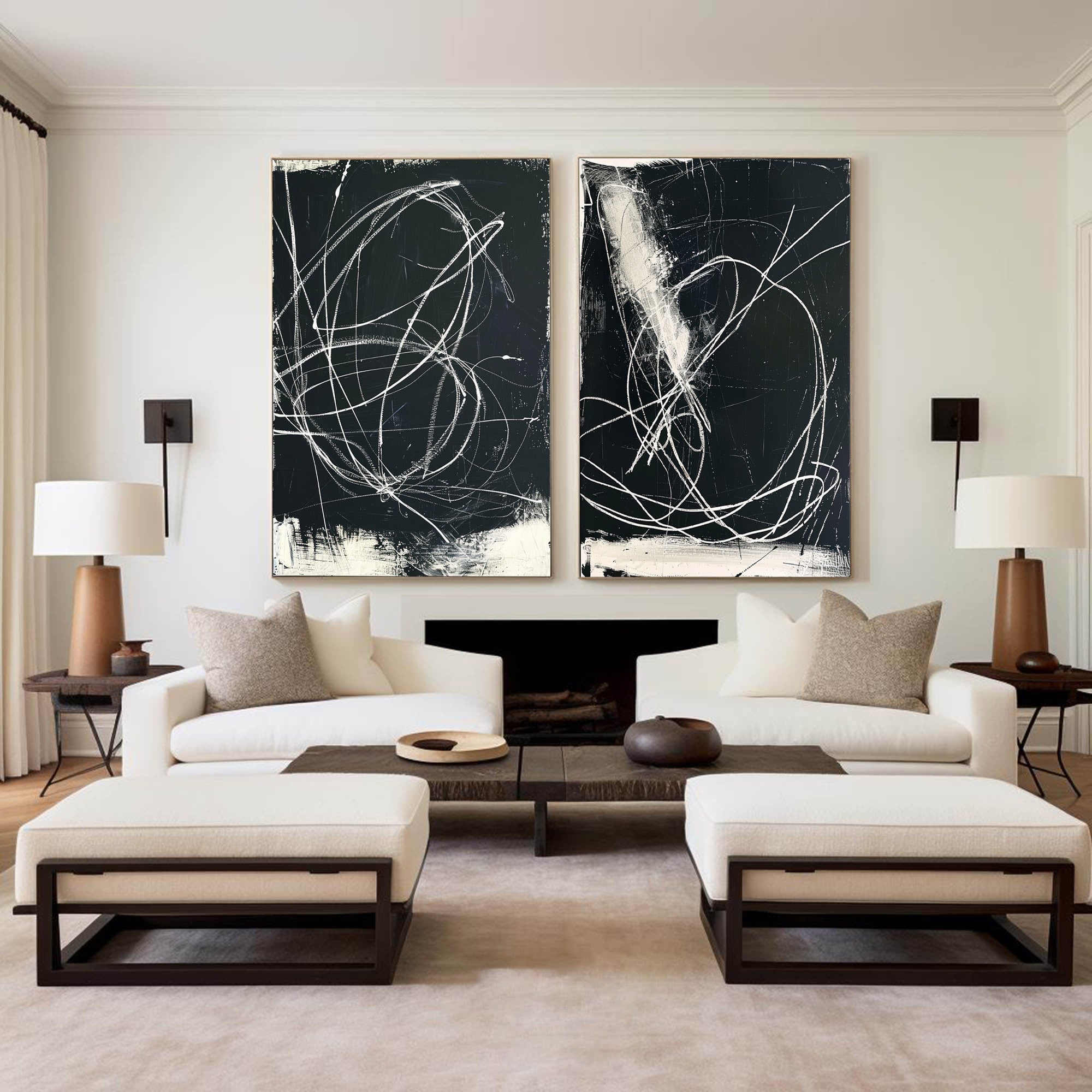 Black White Scribble Diptych Canvas Wall Art