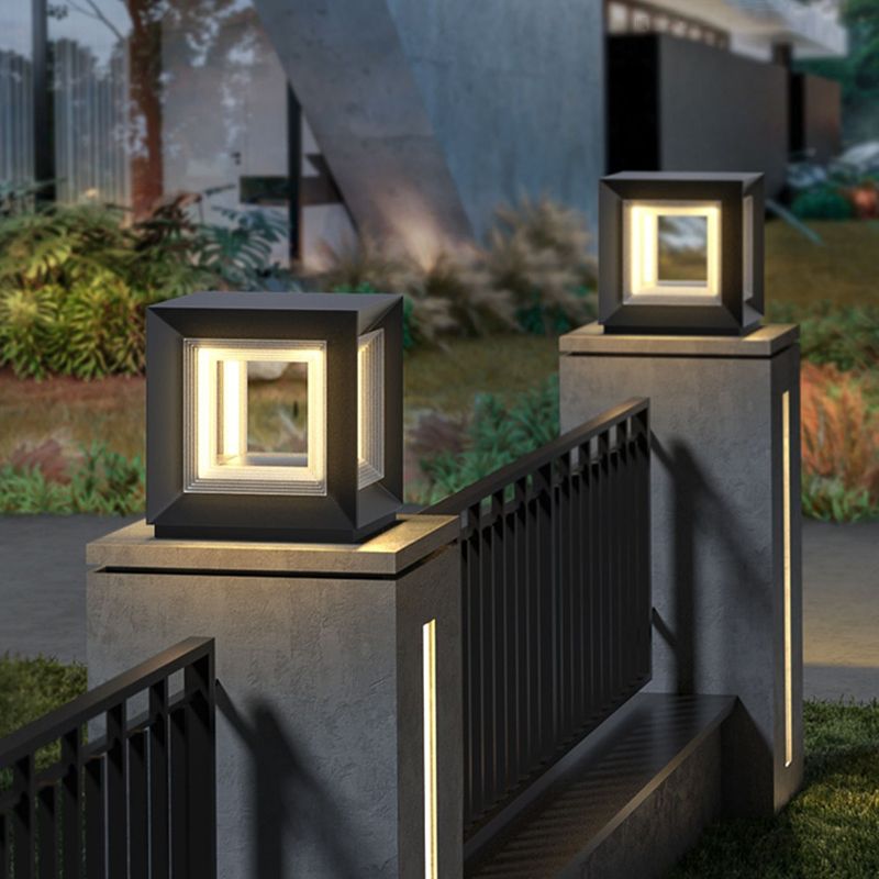 Ray Contemporary LED Cube Metal Outdoor Lamps, Black