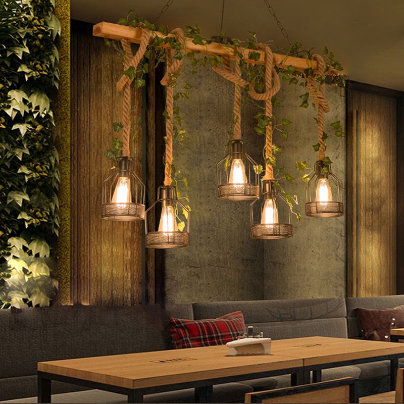 Epoch Caged Vintage Farmhouse Wood Beam Pendant Light 3/5 Heads - Neutralighting