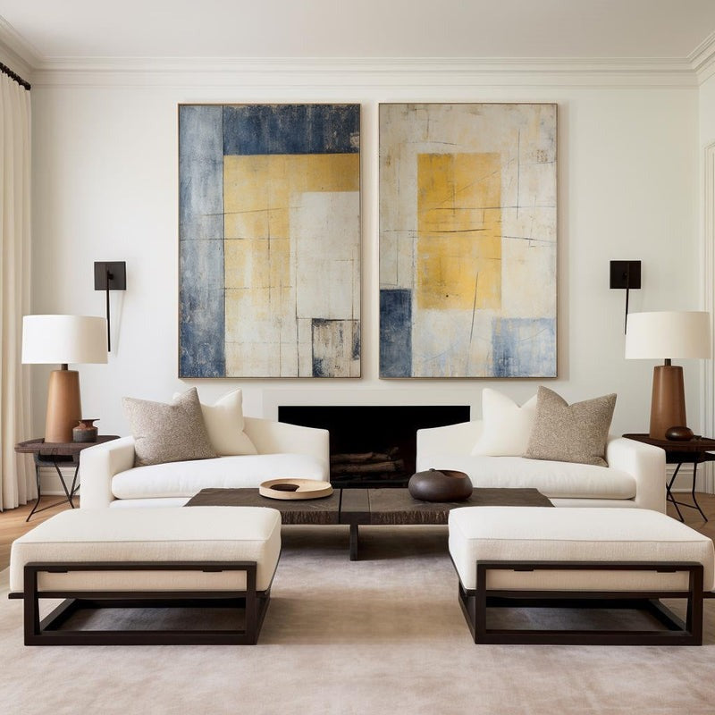 Diptych Yellow Blue Geometric Painting