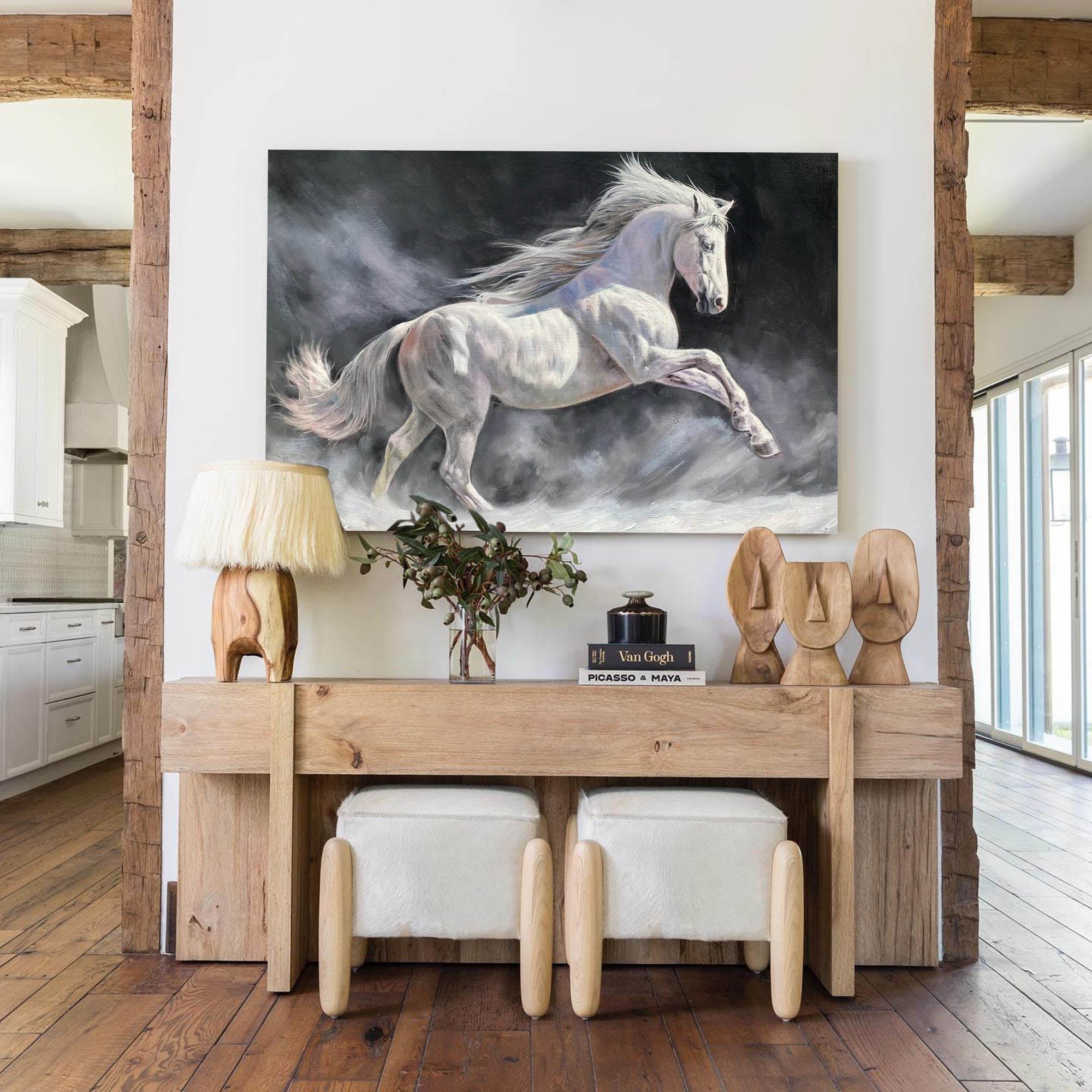 Smoky Dynamic Running Equine Animal Unstretched Linen Canvas Wall Art