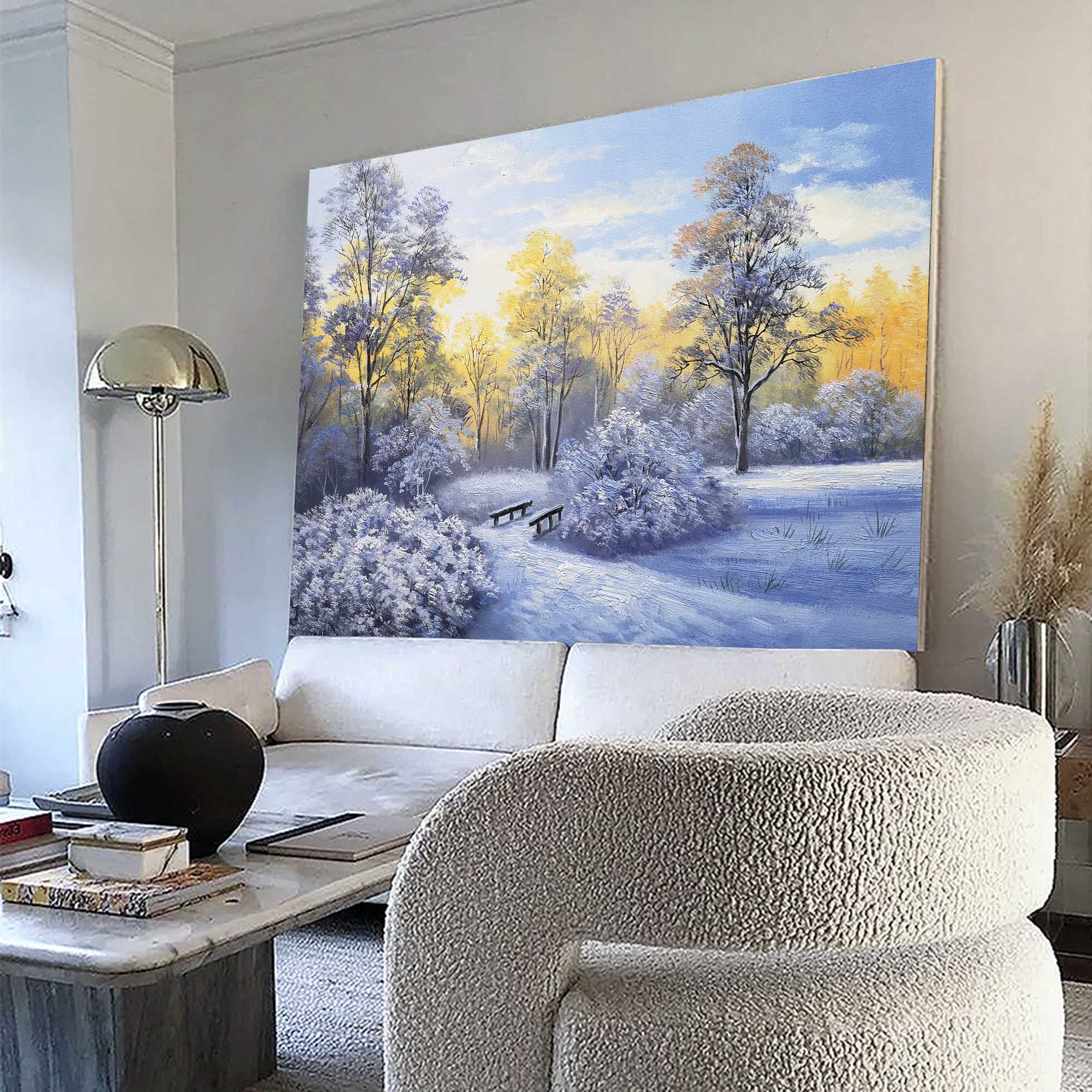 Sunlit Snowy Woodland Scene Vibrant Warm‑Cool Tone Nature Wall Art