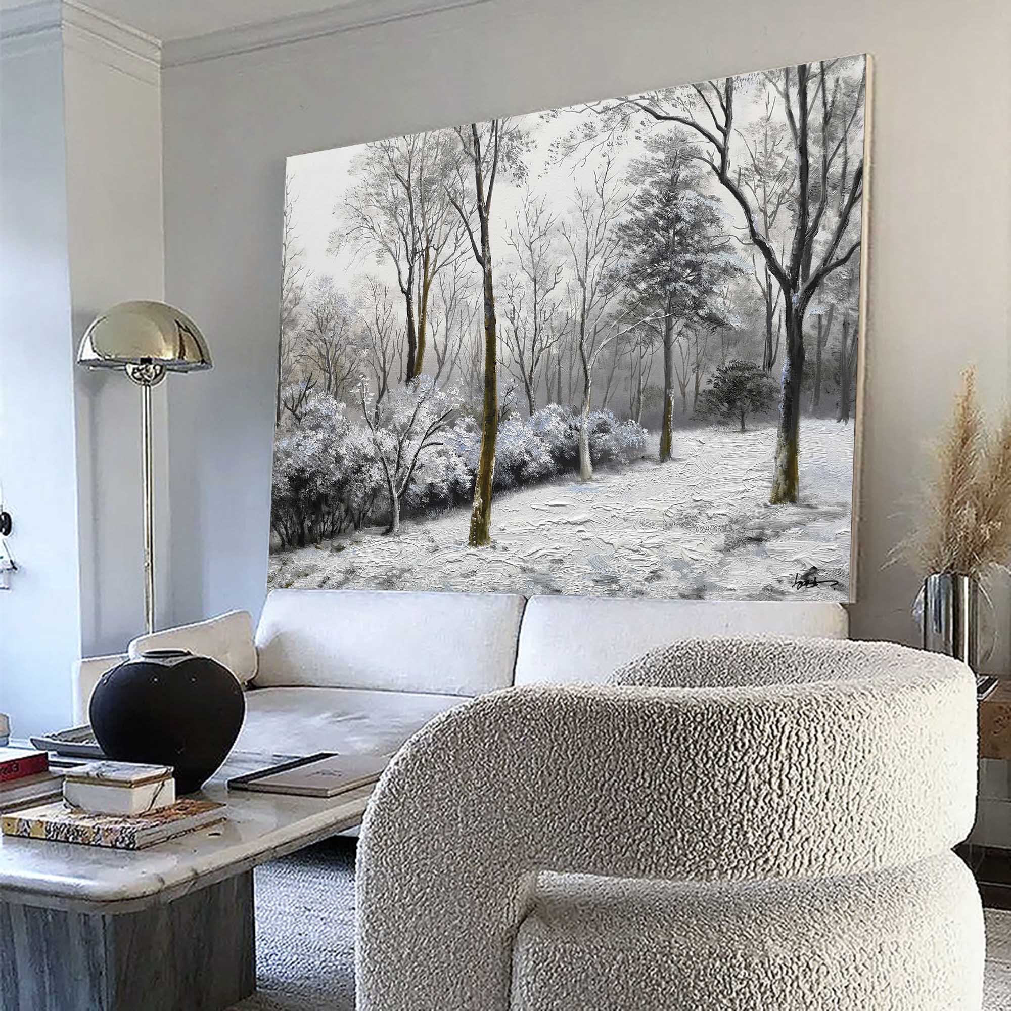 Wintry Snow‑Covered Forest Scene Muted‑Tone Peaceful Wall Art Piece