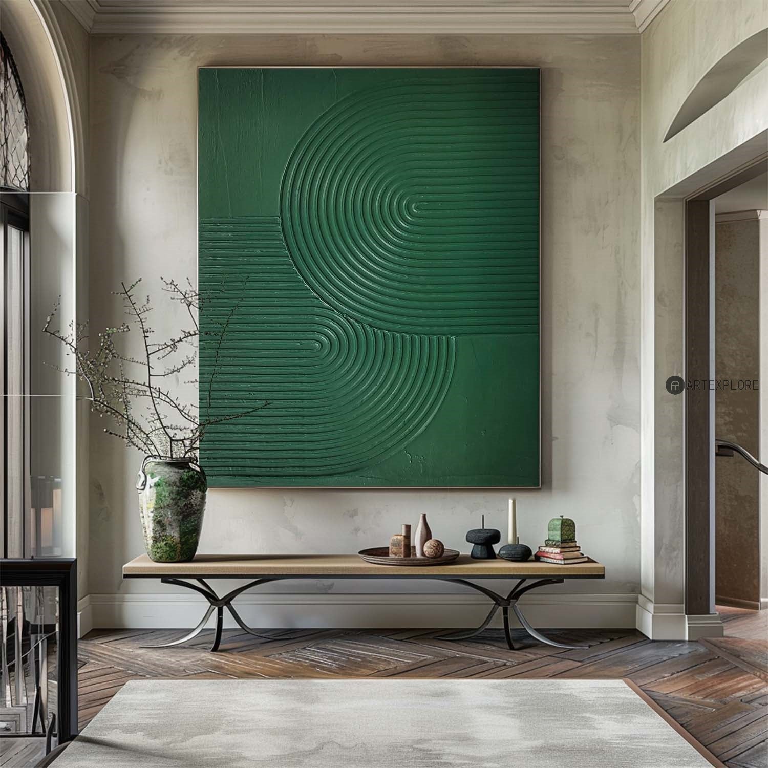 Green Concentric Circle Relief Canvas Art