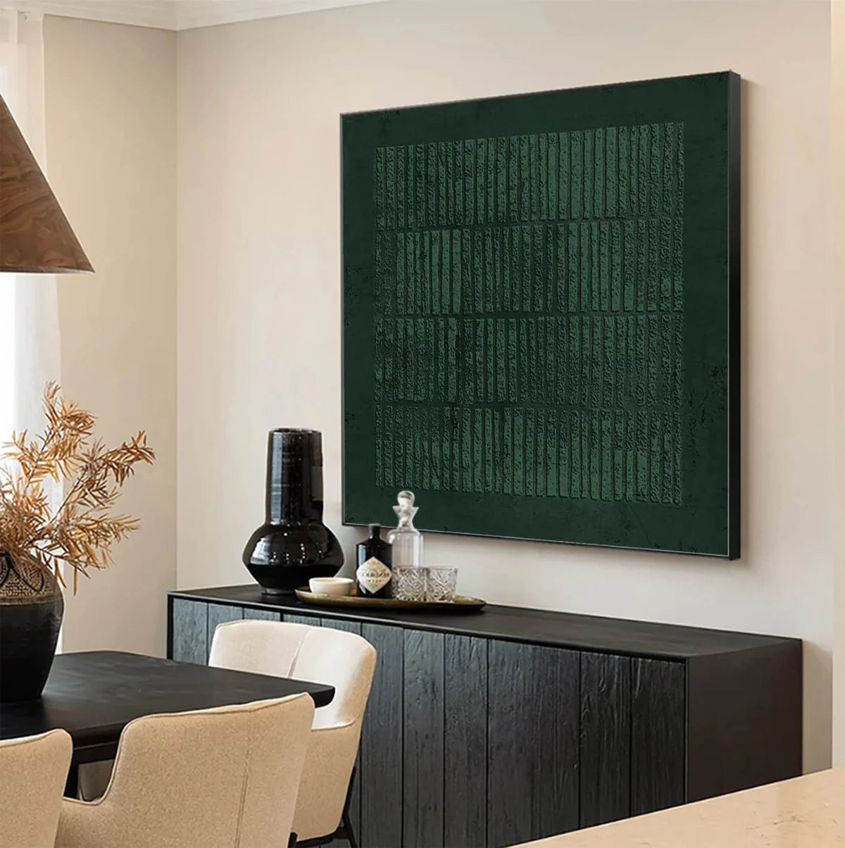 Deep Emerald Textured Vertical Strip Abstract Oil Painting