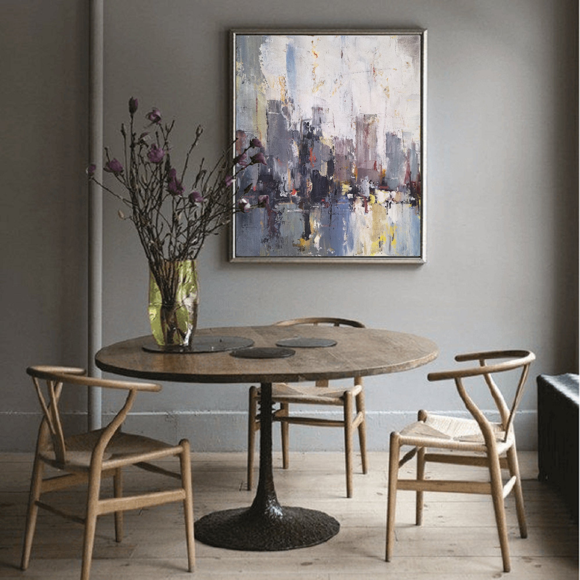 Grey‑Purple Square Urban Cityscape Impasto Textured Artwork