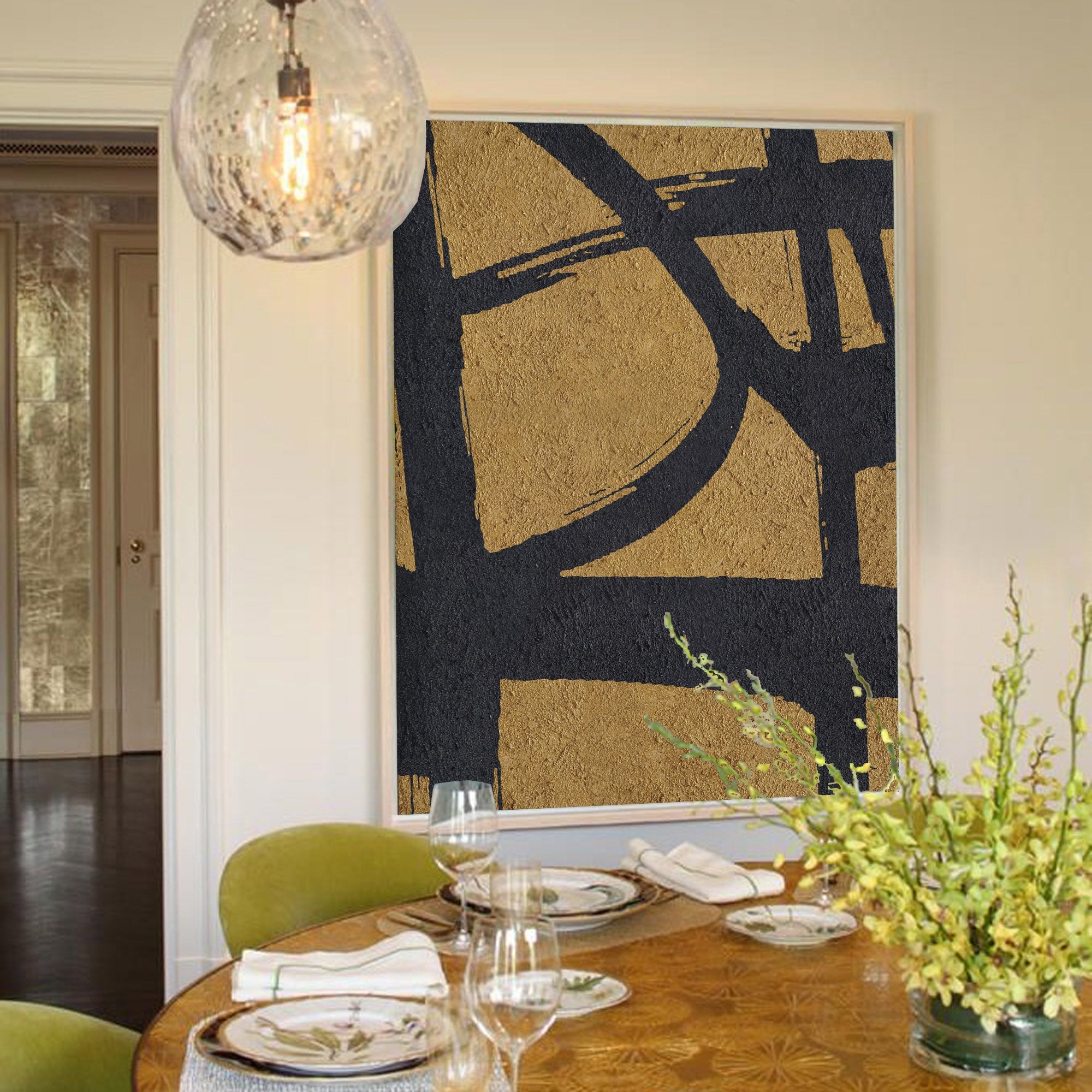 Gold‑Black Vertical Abstract Intersecting‑Line Coarse‑Textured Artwork