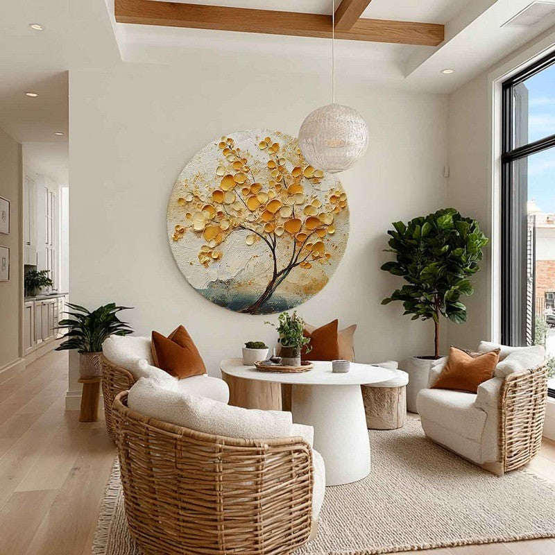 Wall Art Golden Leaf Tree Circular Amber Leaf