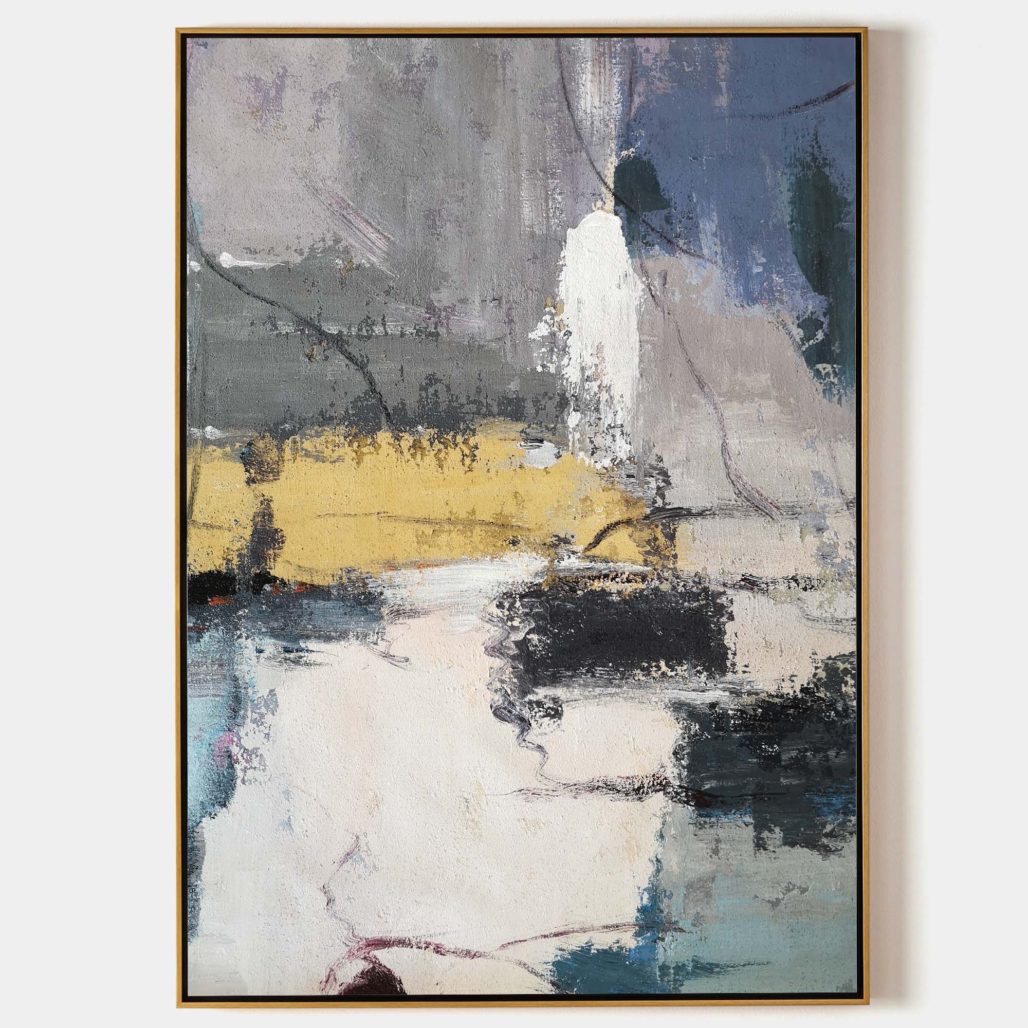 Grey‑Gold Cream‑Tone Vertical Block‑Layer Impasto Textured Artwork