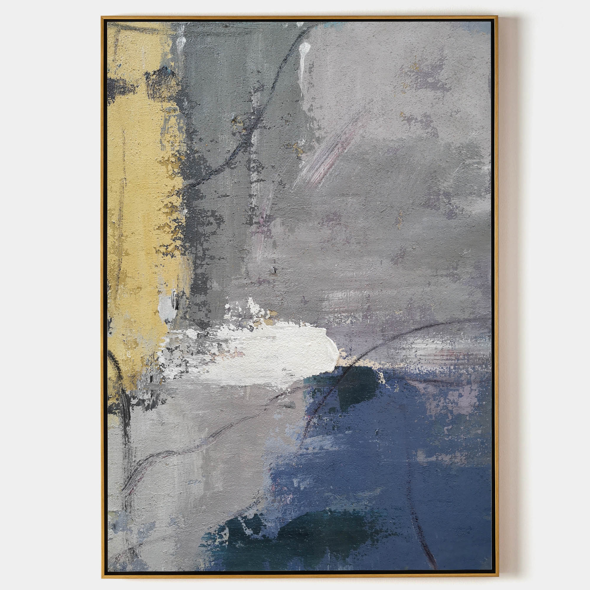 Grey‑Gold Navy‑Accent Vertical Brush‑Stroke Impasto Textured Artwork