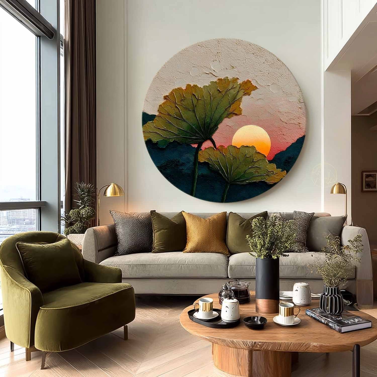 Wall Art Round Lotus Leaves Pink Sunset