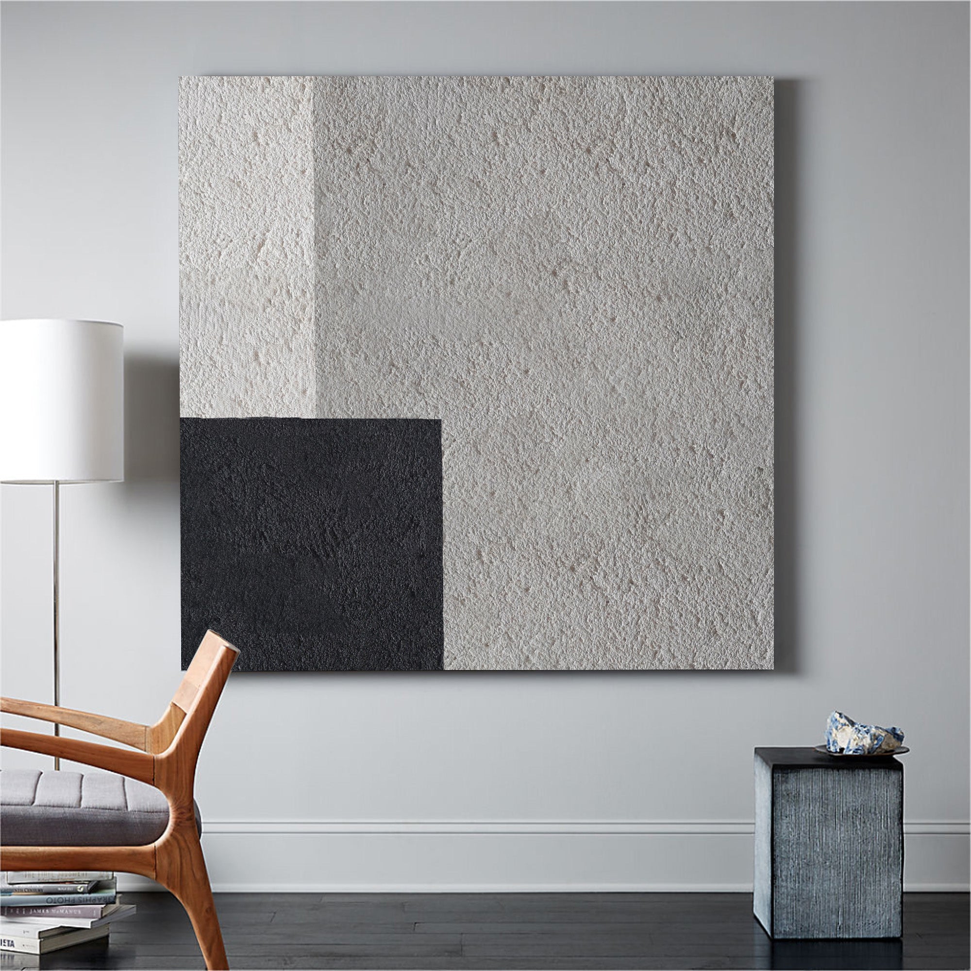 Grey‑Black‑Beige Square Geometric Offset‑Block Coarse‑Textured Artwork