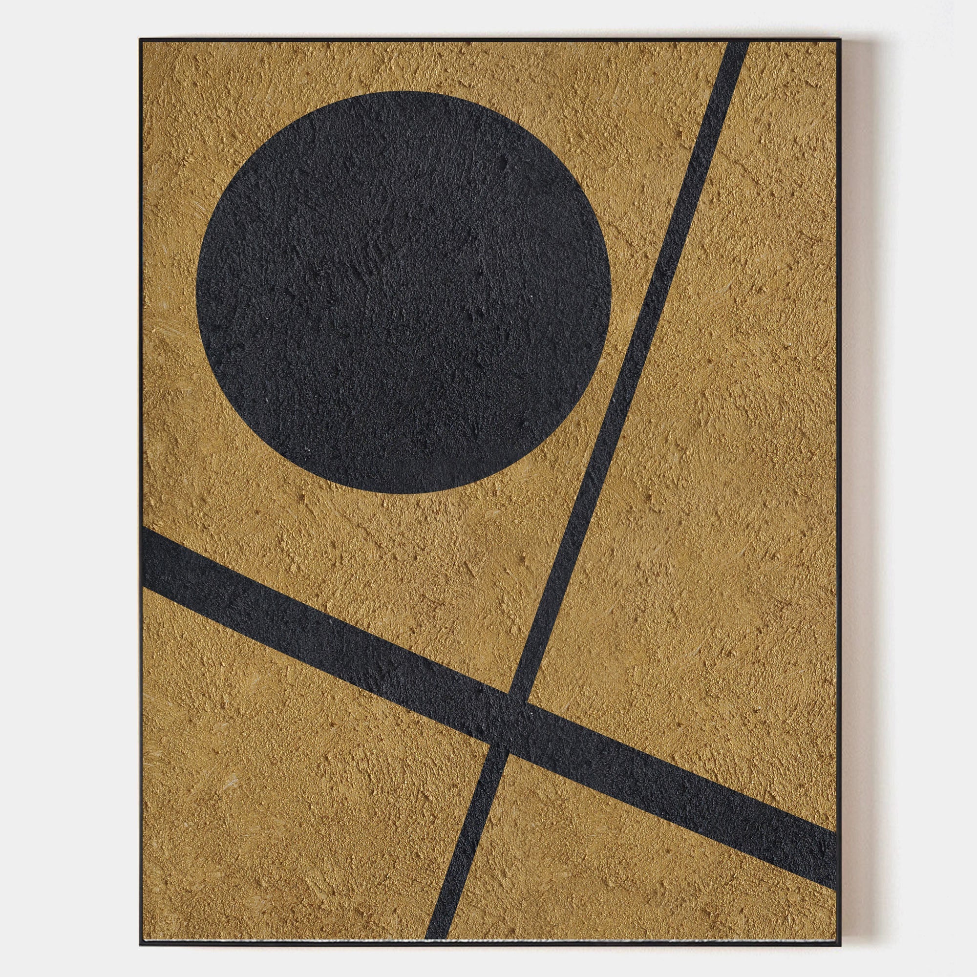 Gold‑Black Vertical Geometric Circle‑Line Coarse‑Textured Artwork
