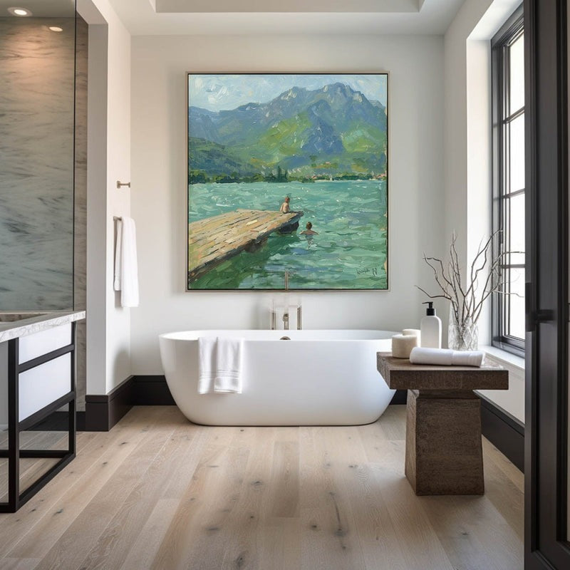 Wall Art Lake Dock Mountain Impressionist Textured Living Room | Neutralighting
