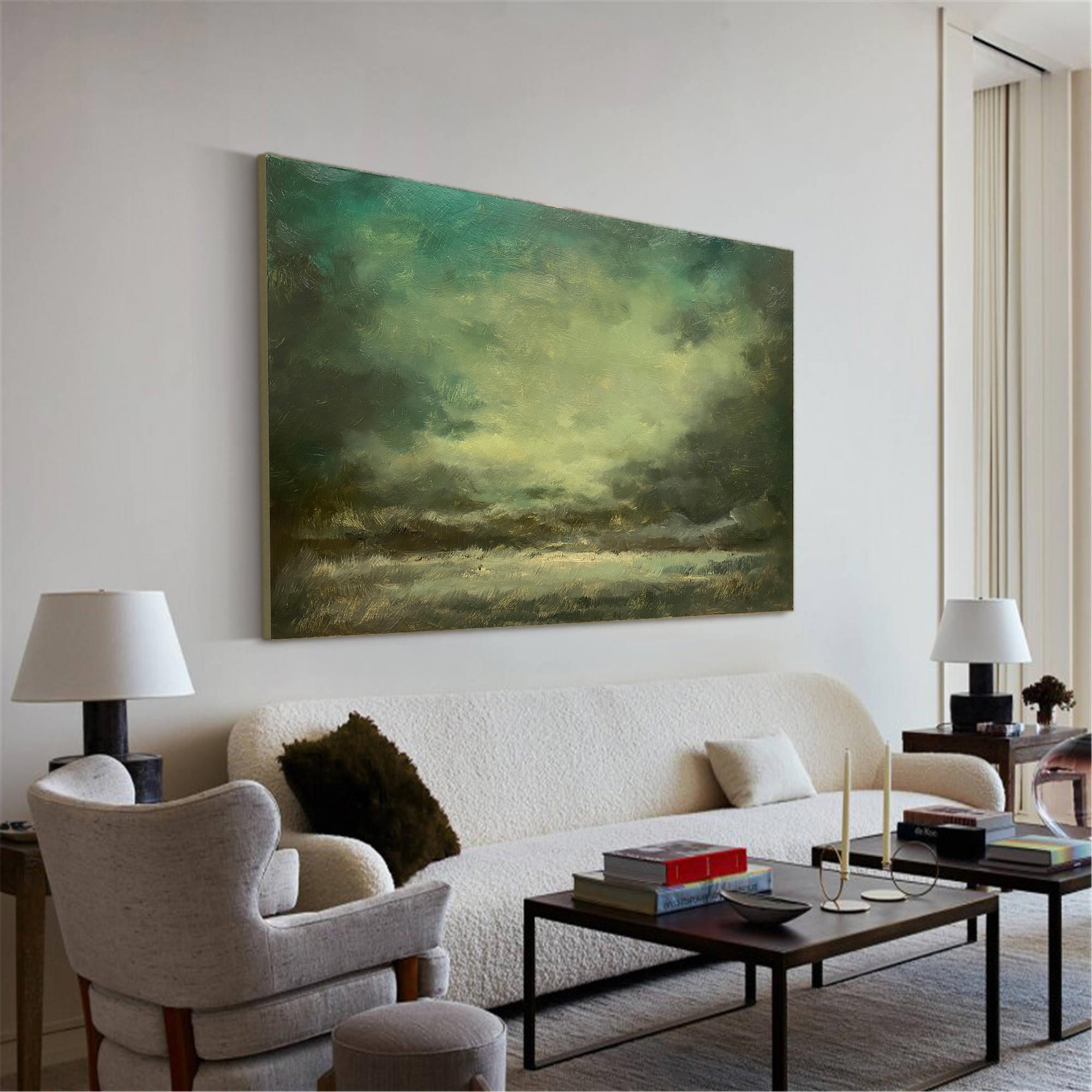 Abstract Forest Green Moody Landscape Oil Acrylic Linen Canvas Painting
