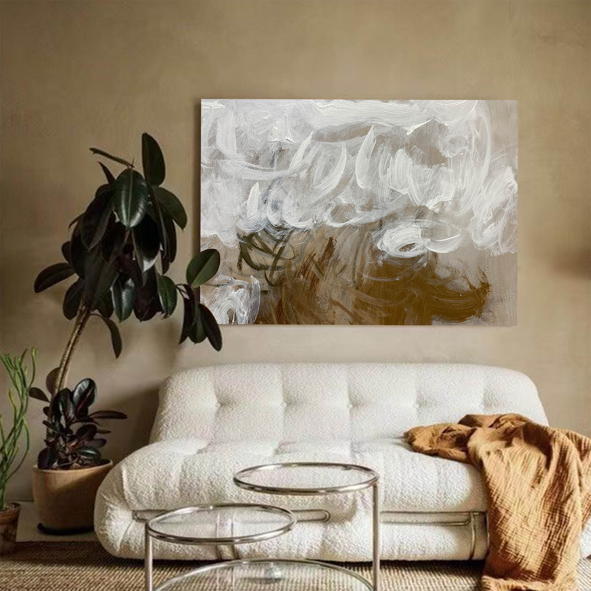 Thick Impasto Neutral Gold‑Tone Abstract Unstretched Linen Canvas Wall Art