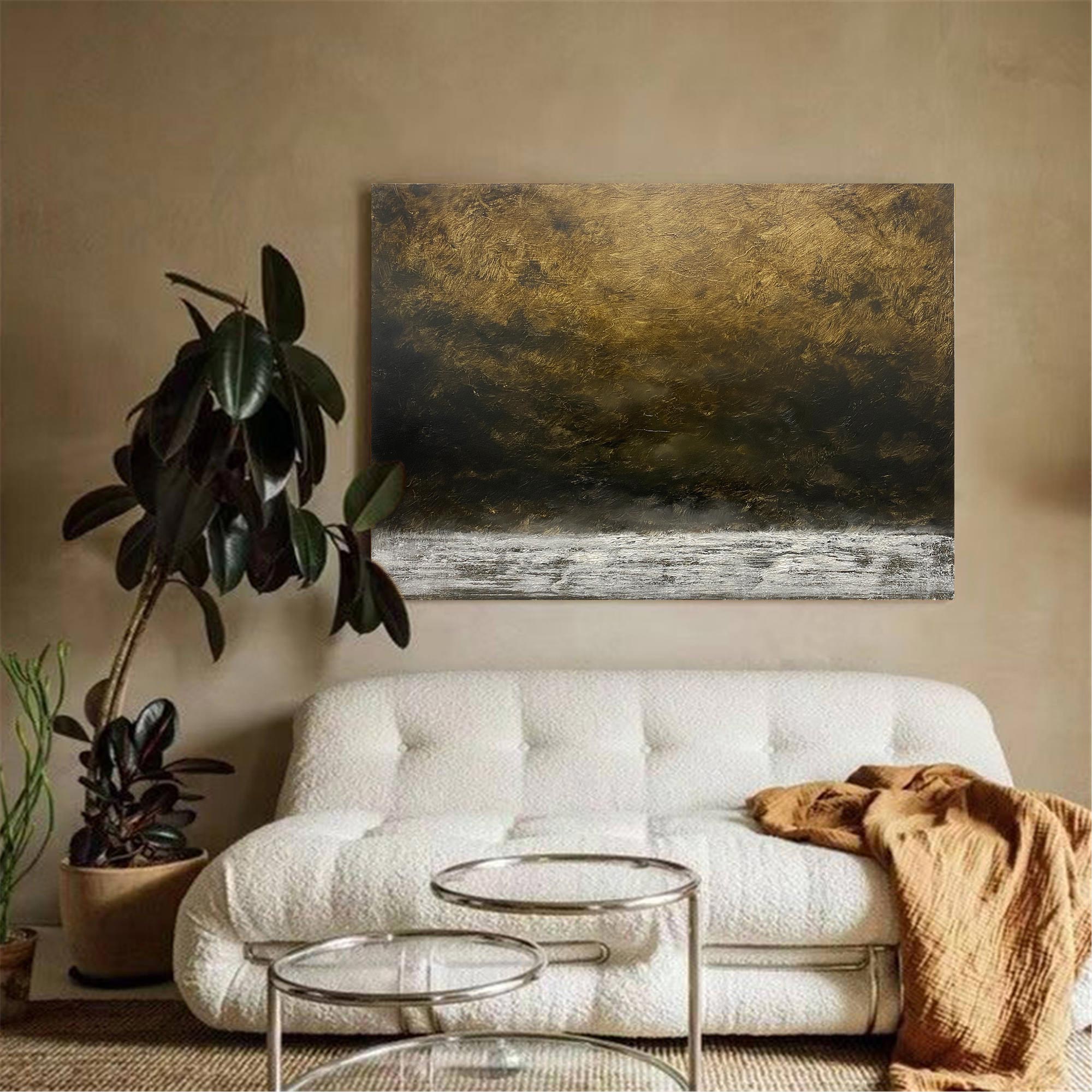 Abstract Brown Earth Tone Aged Landscape Oil Acrylic Linen Canvas Painting