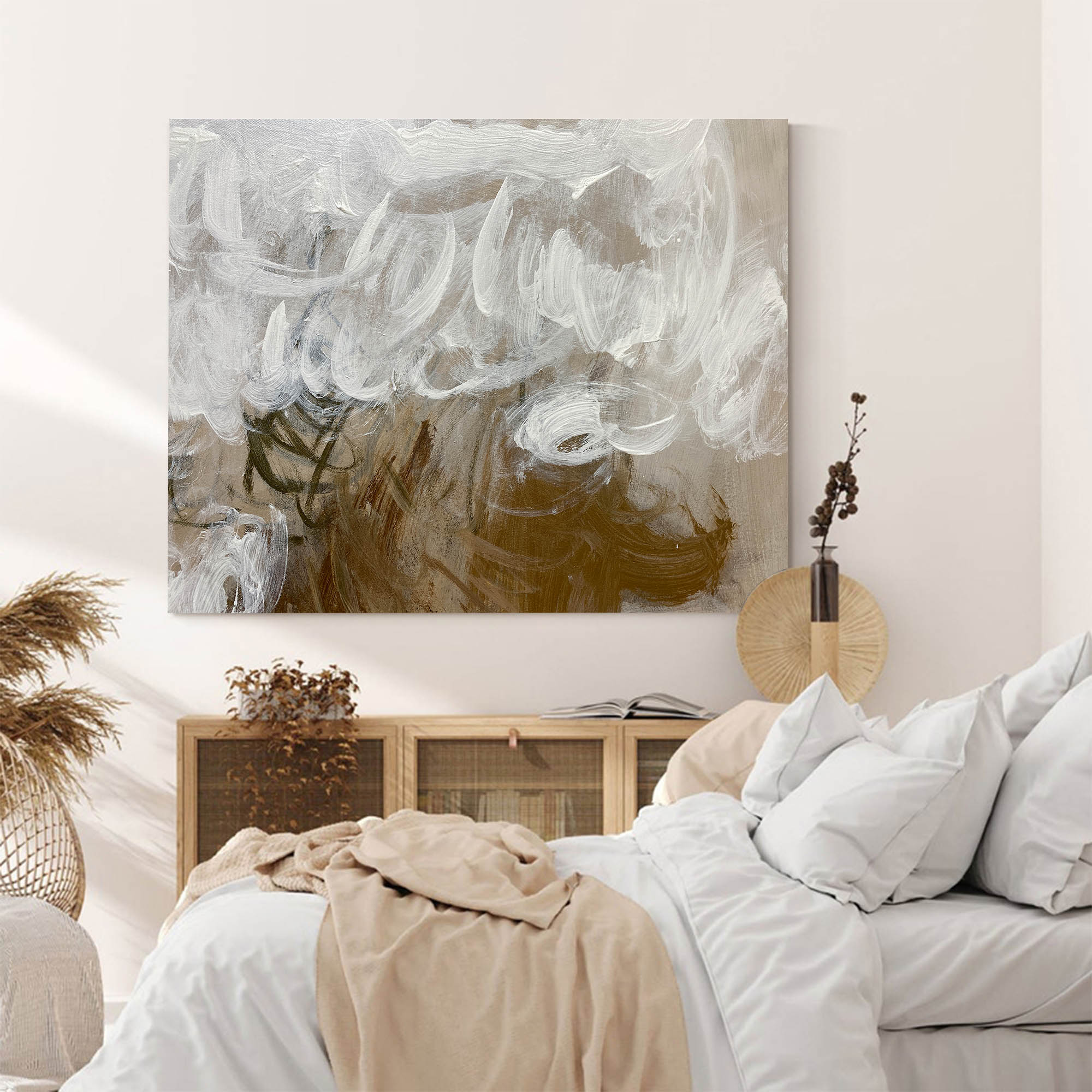 Thick Impasto Neutral Gold‑Tone Abstract Unstretched Linen Canvas Wall Art