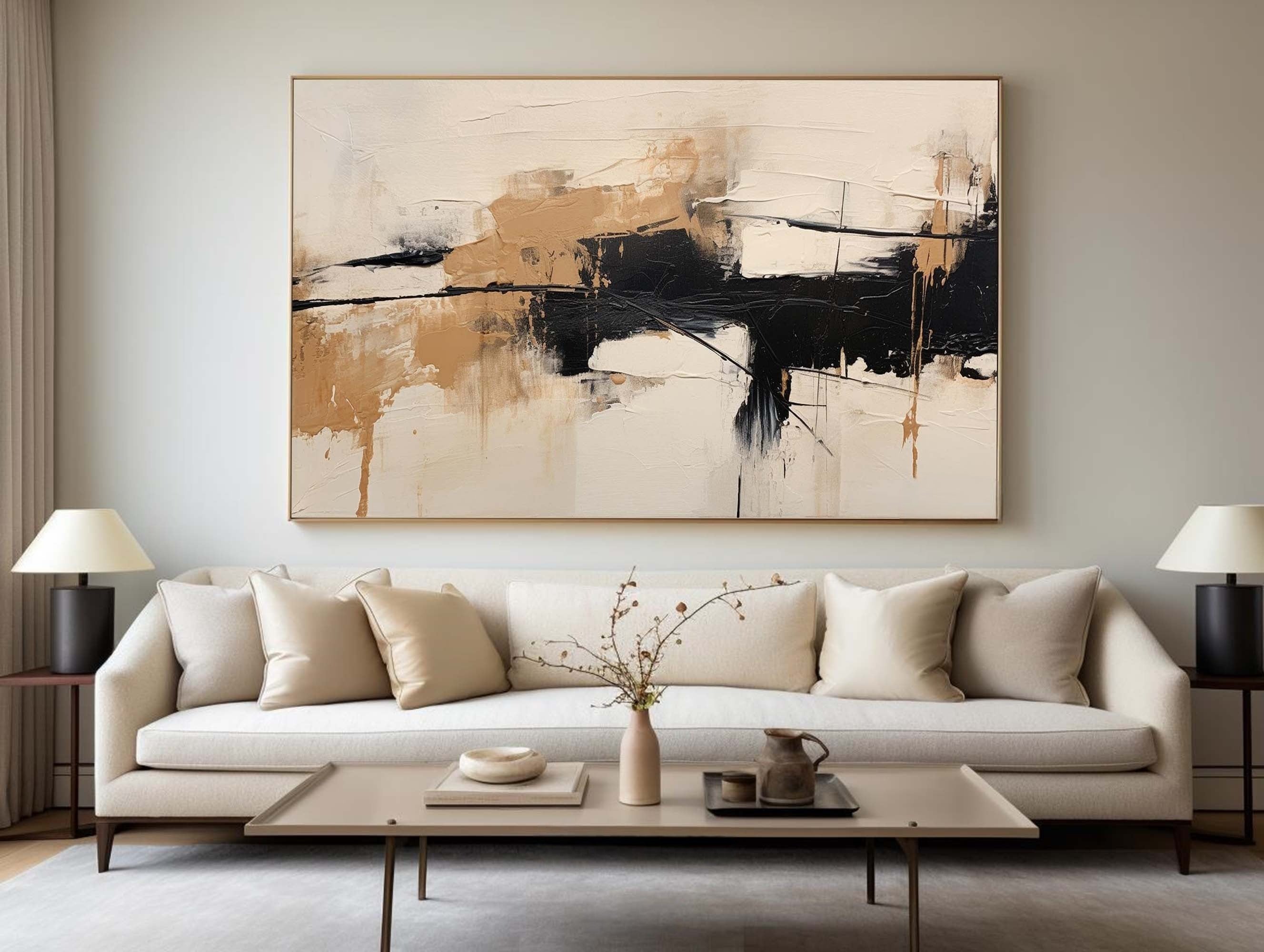 Warm Beige Black Abstract Canvas Wall Art