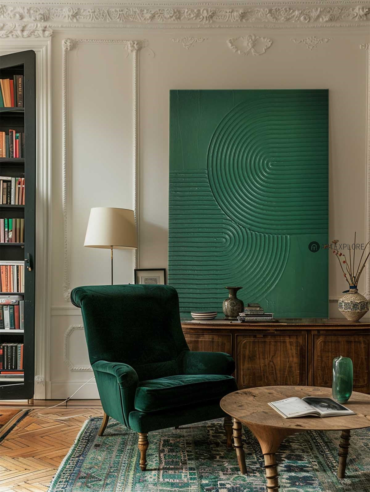 Green Concentric Circle Relief Canvas Art