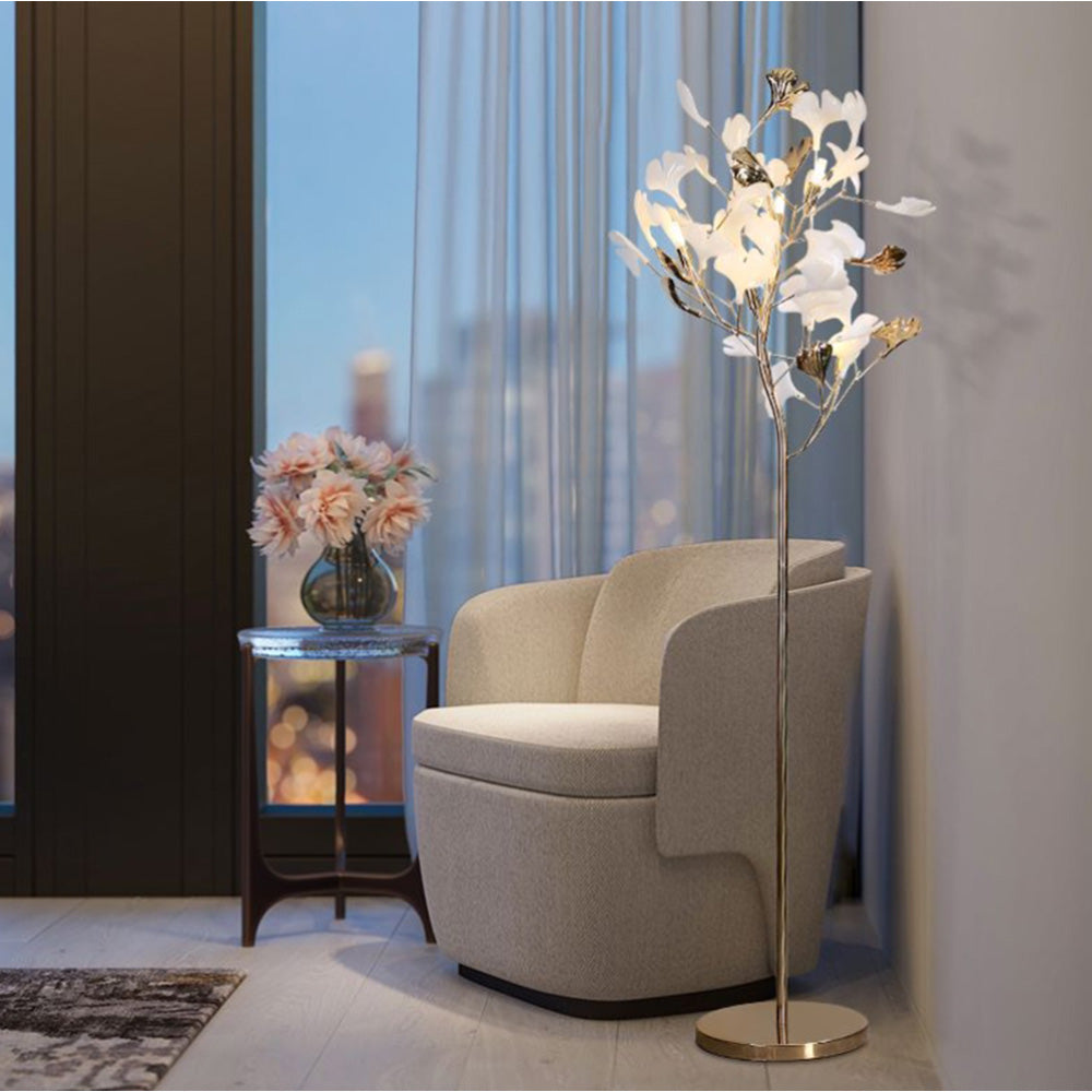 Olivia Floor Lamp Leaf Artistic, Ceramic/Metal, White/Gold, Study - Neutralighting