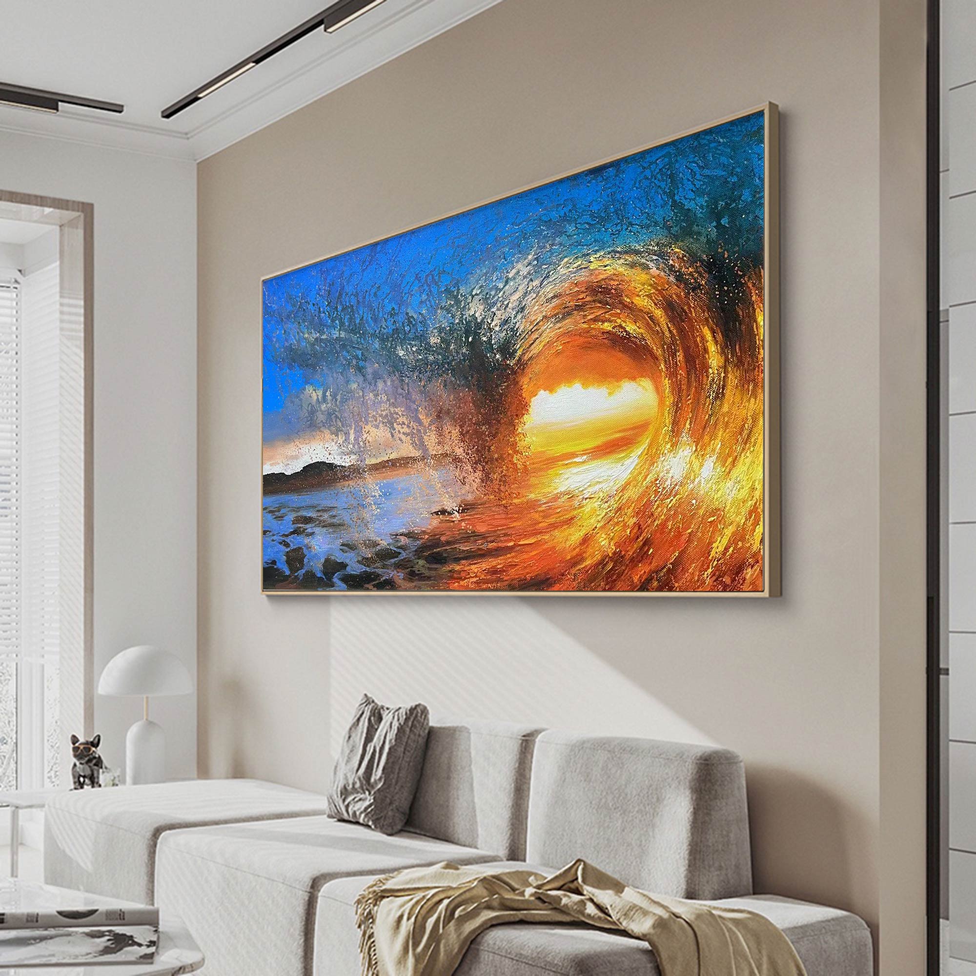 Abstract Golden Sunset Swirl Oil Acrylic Linen Canvas Painting
