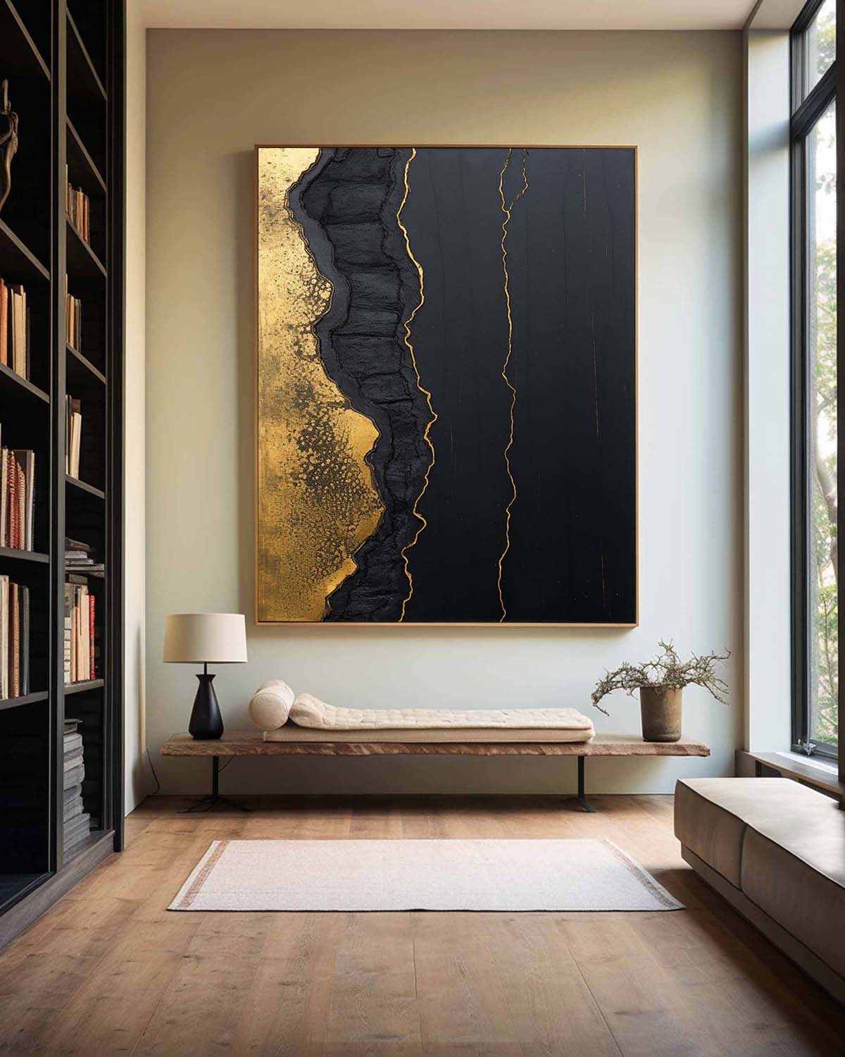 Dark Black‑Gold Foil Abstract Heavy‑Rugged Raised Tactile Textured Artwork