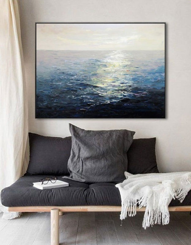 Wall Art Blue Ocean Sunset Seascape Modern Textured Canvas Bedroom | Neutralighting