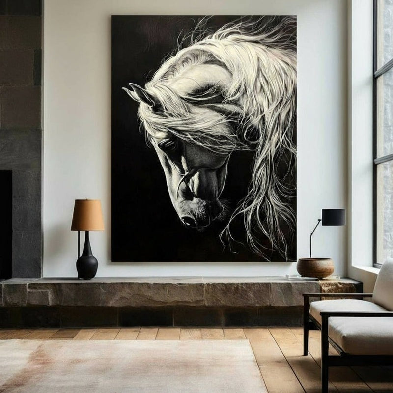 Wall Art Black White Horse Portrait Contemporary Textured Canvas Home Office | Neutralighting