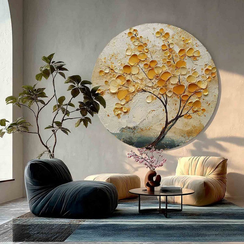 Wall Art Golden Leaf Tree Circular Amber Leaf