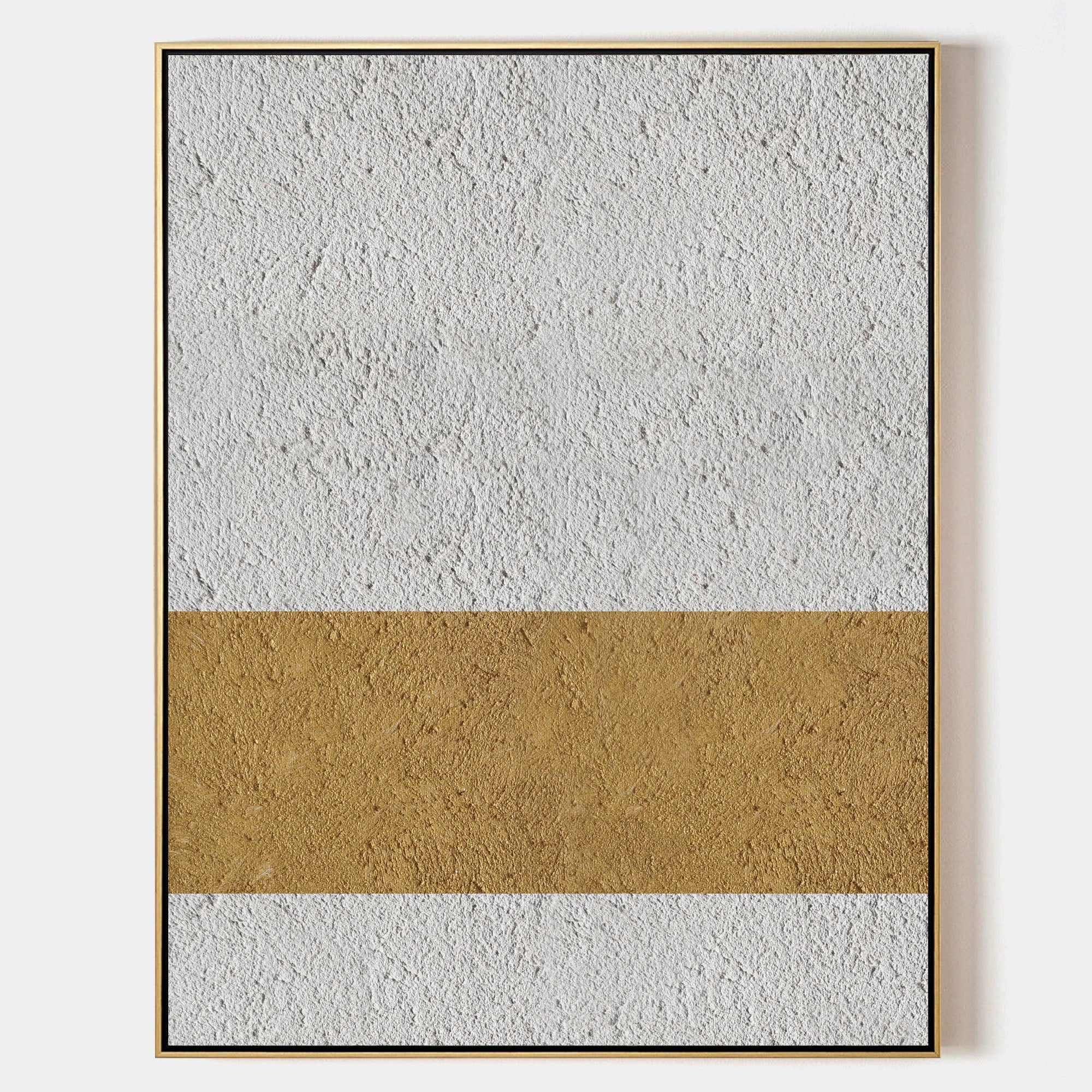 Off‑White‑Gold Horizontal Abstract Centered‑Stripe Coarse‑Textured Artwork
