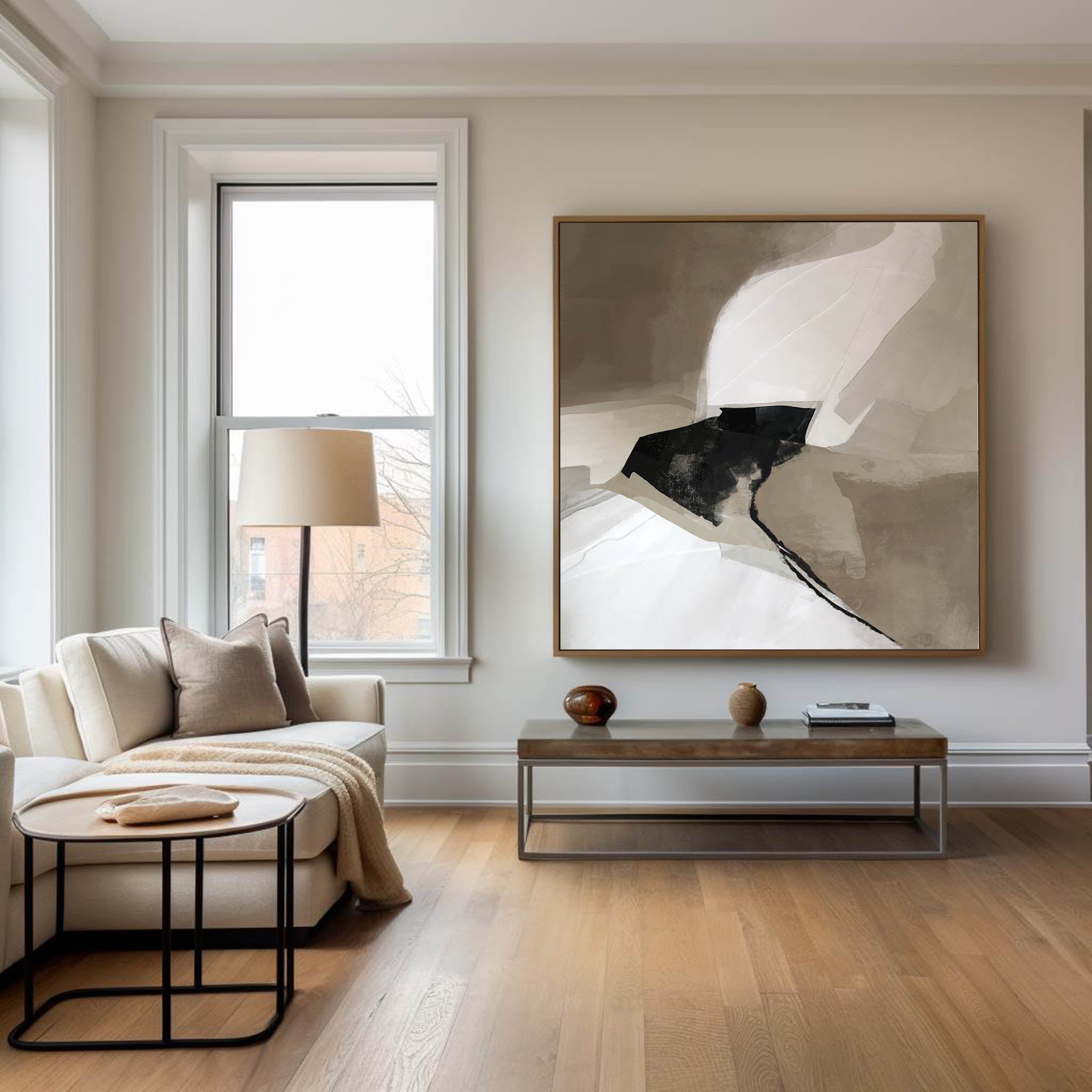 Abstract Black Beige White Flowing Shape Painting