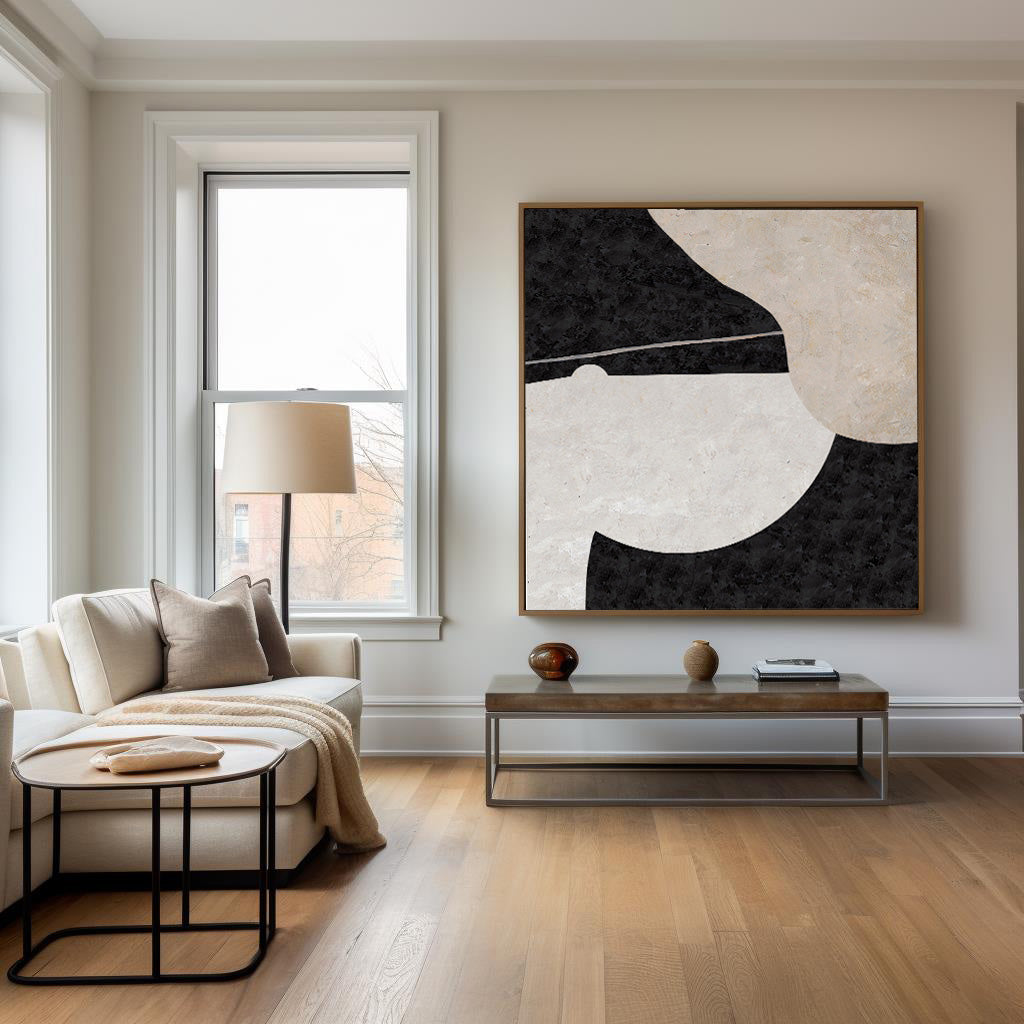 Black‑Beige Square Minimalist Geometric Shape Textured Artwork
