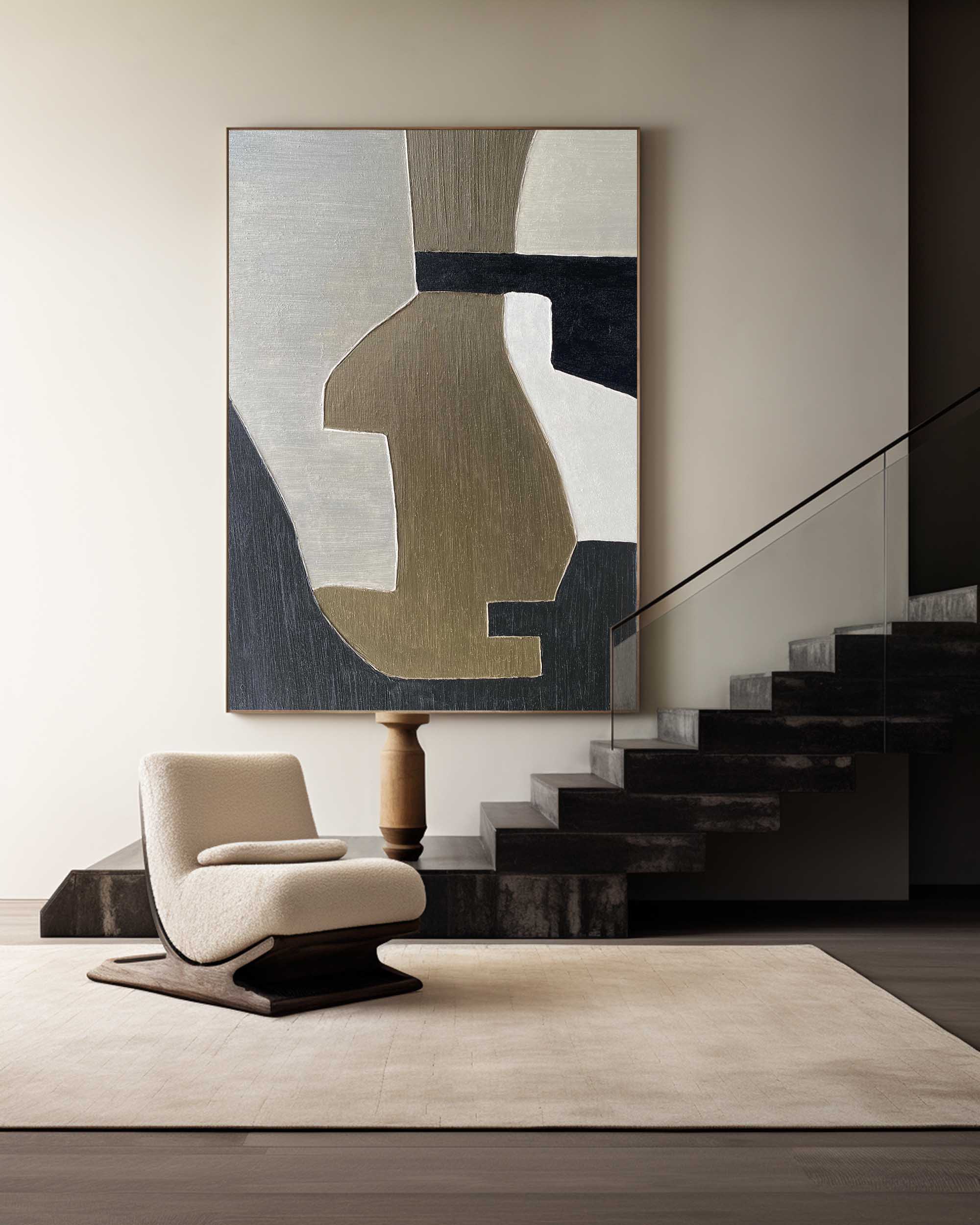 Abstract Black Beige White Geometric Minimalist Painting