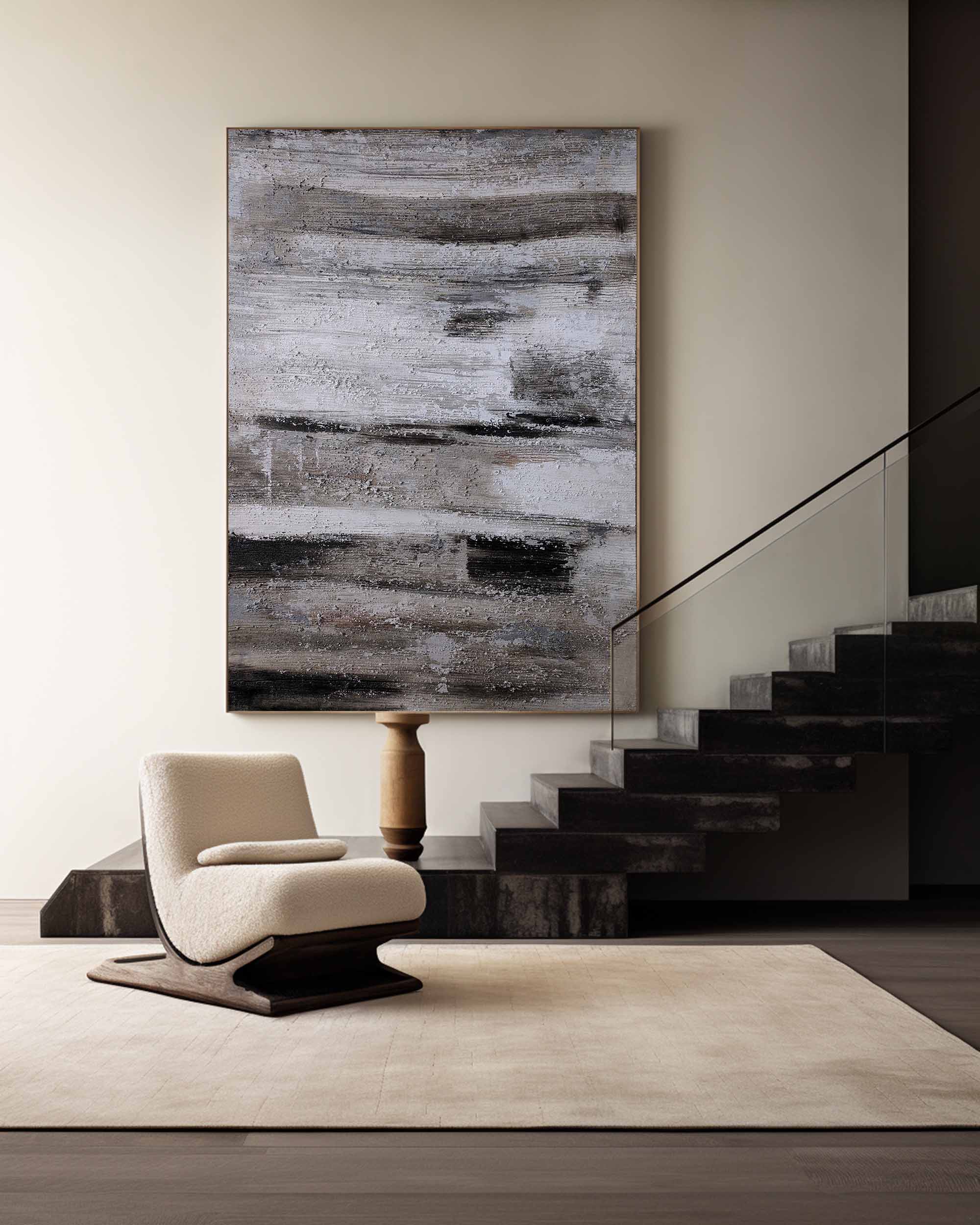 Black‑Grey‑White Vertical Abstract Rustic Layered‑Weathered Texture Artwork