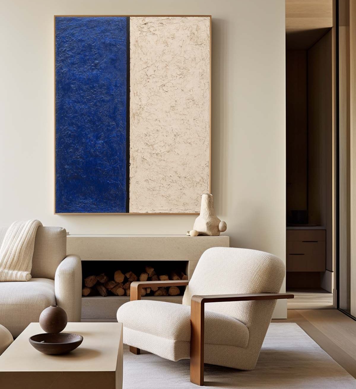 Modern Navy Blue and Beige Abstract Canvas Wall Art Set