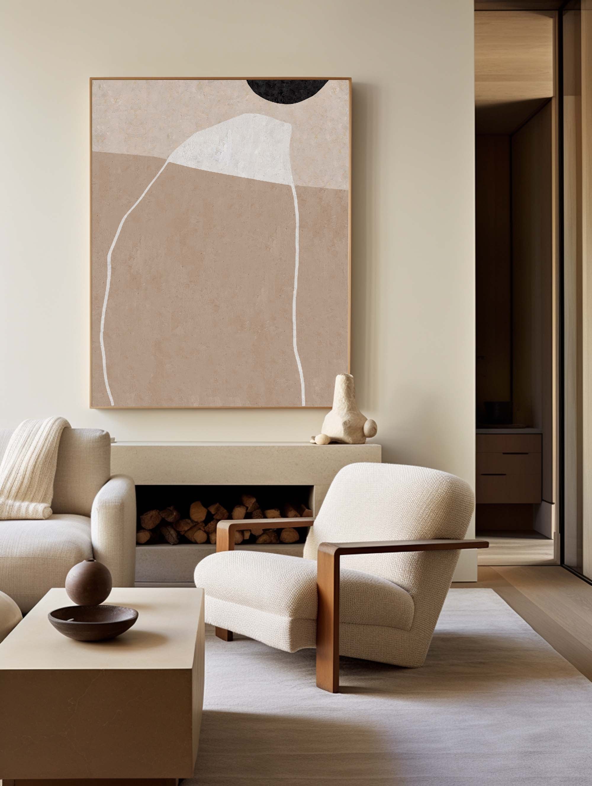 Taupe‑Beige Vertical Abstract‑Shape Line‑Textured Artwork