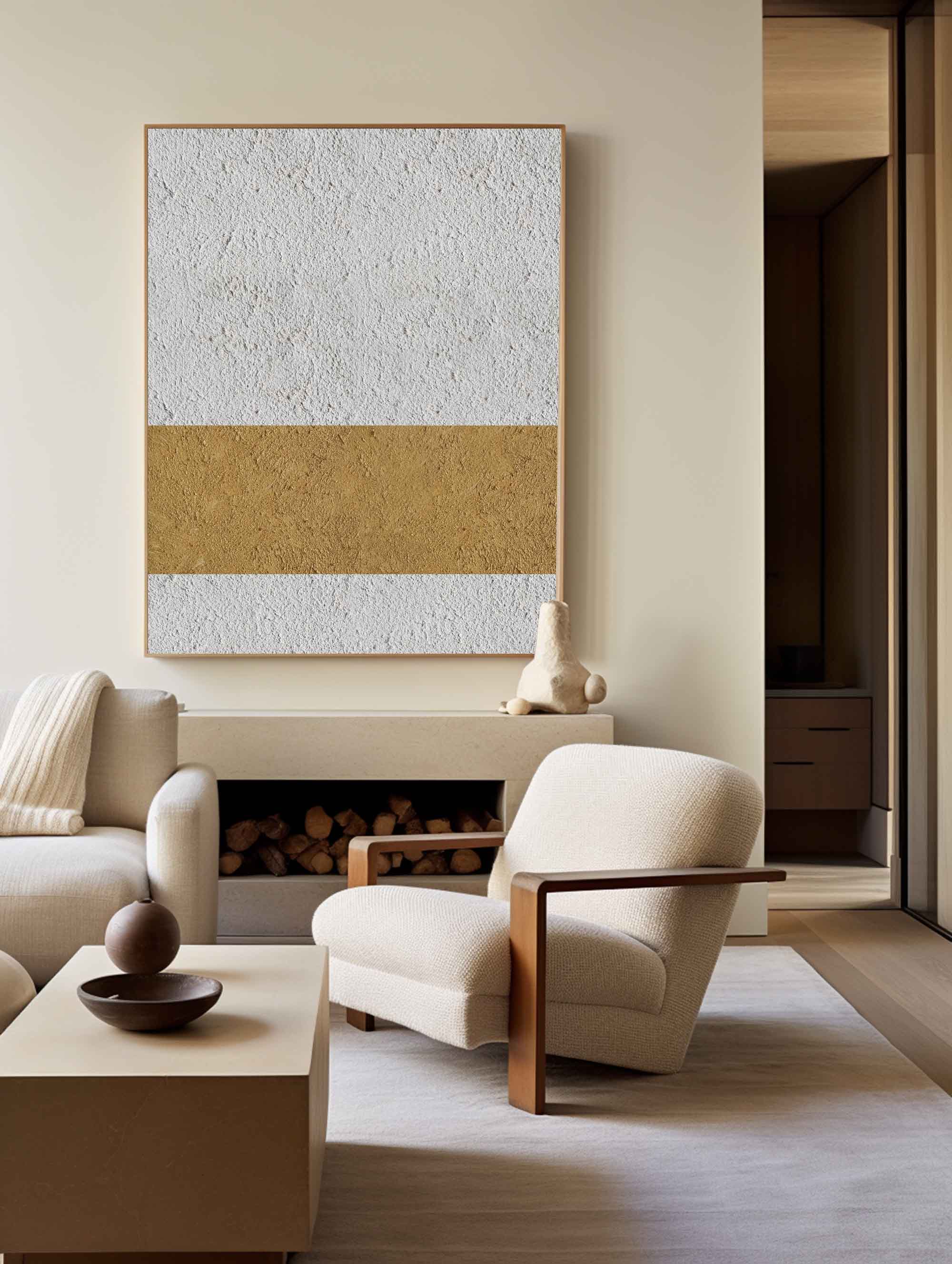 Off‑White‑Gold Horizontal Abstract Centered‑Stripe Coarse‑Textured Artwork
