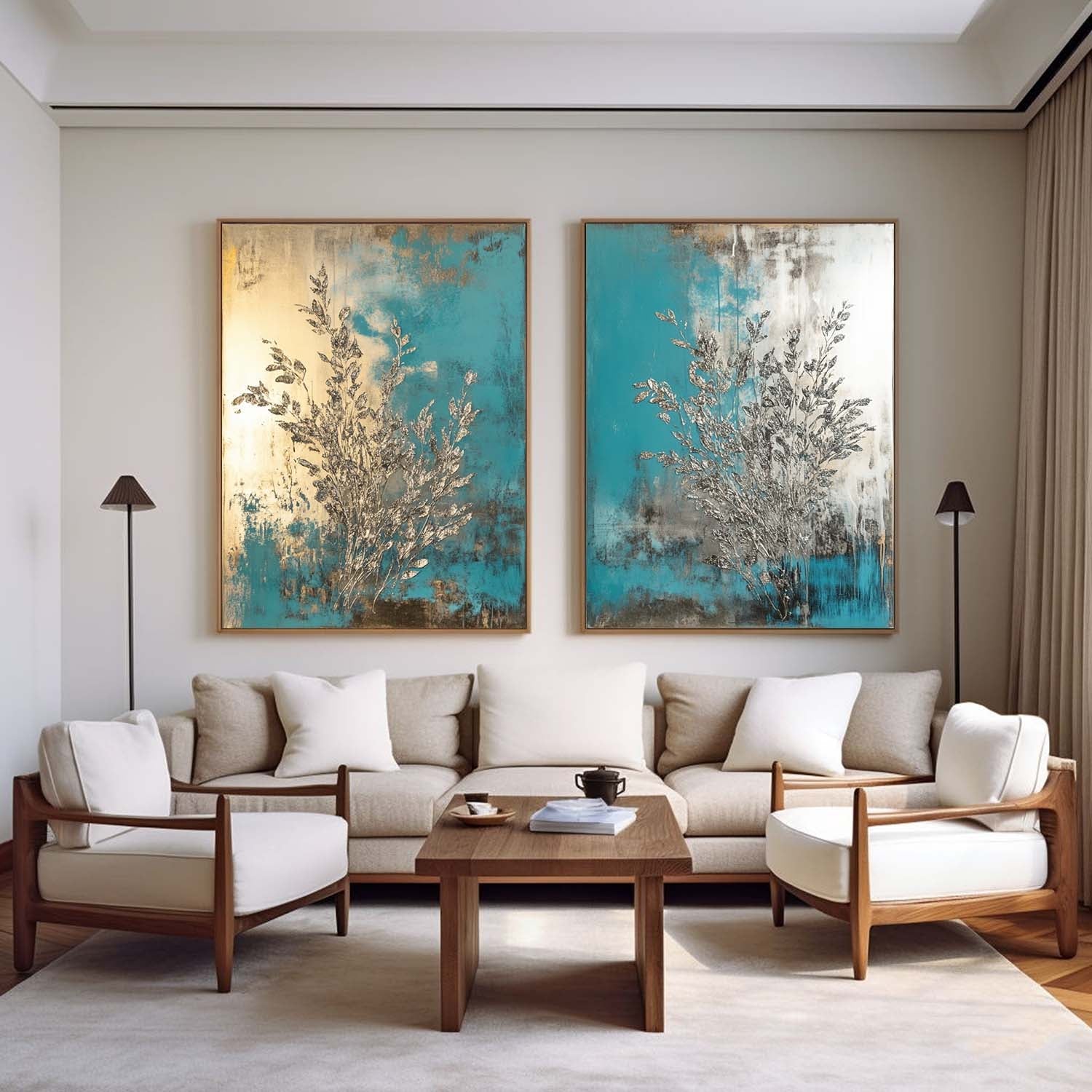 Teal Gold Abstract Diptych Textured Painting