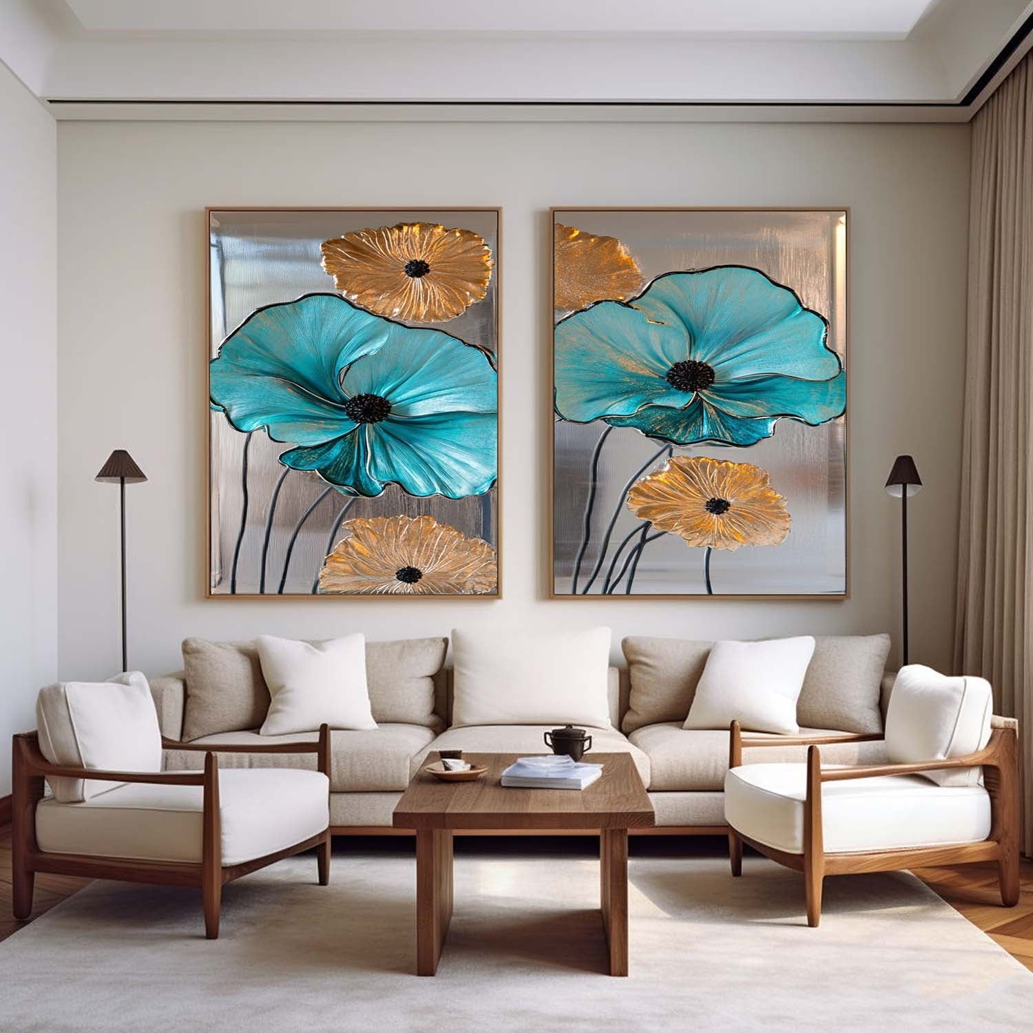 Teal and Gold Floral Canvas Wall Art Set