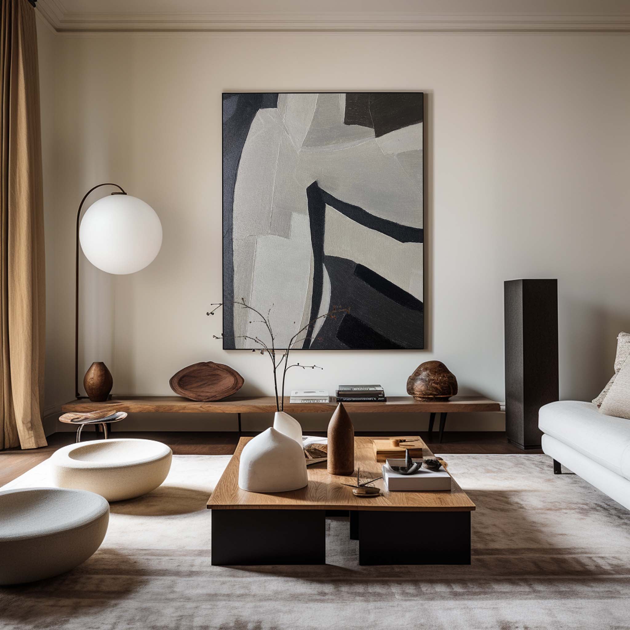 Black‑Grey‑Off‑White Vertical Curved‑Block Textured Artwork